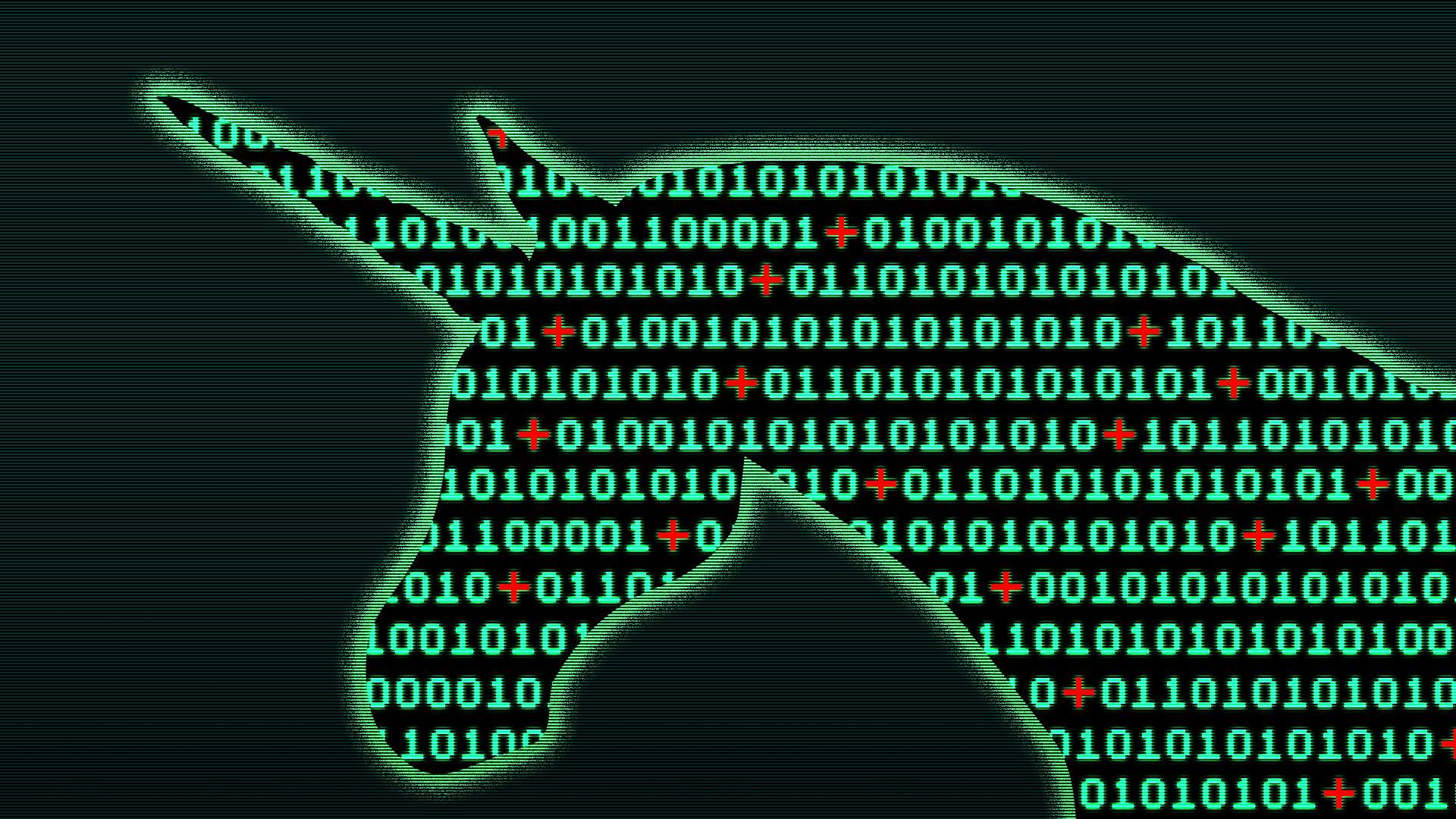 Illustration of a unicorn shape filled with binary code interspersed with small red medical crosses.