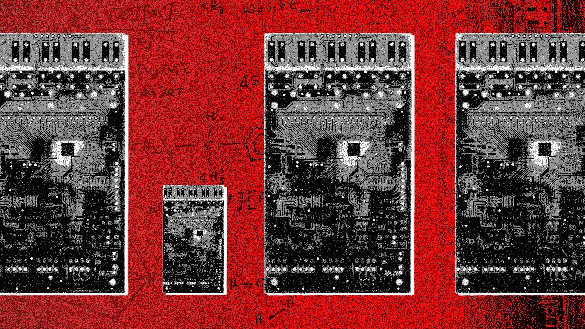 illustration of three large microchips and one very small microchip on a background overlaid with money and scientific notes