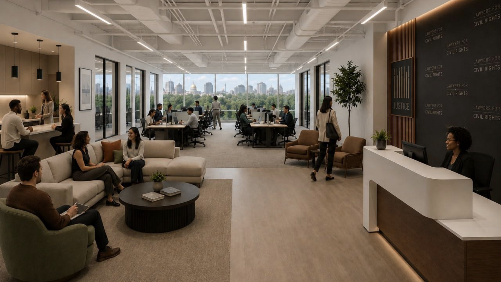A rendering shows plansf or BizGrow Central. It includes a front desk worker with a black board behind her, people sitting on L-shaped couches and at rows of desks, a kitchen area with a counter and floor-to-ceiling windows overlooking the Boston Common. 