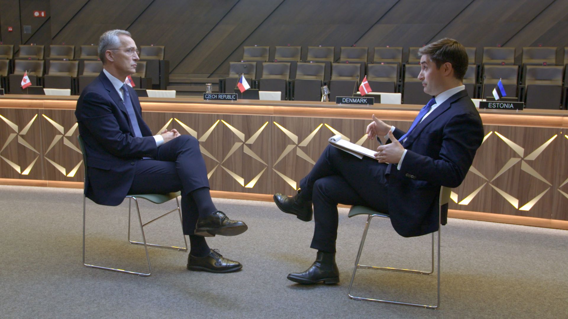 NATO Secretary General Jens Stoltenberg and Axios' Jonathan Swan sit facing one another during an interview for 