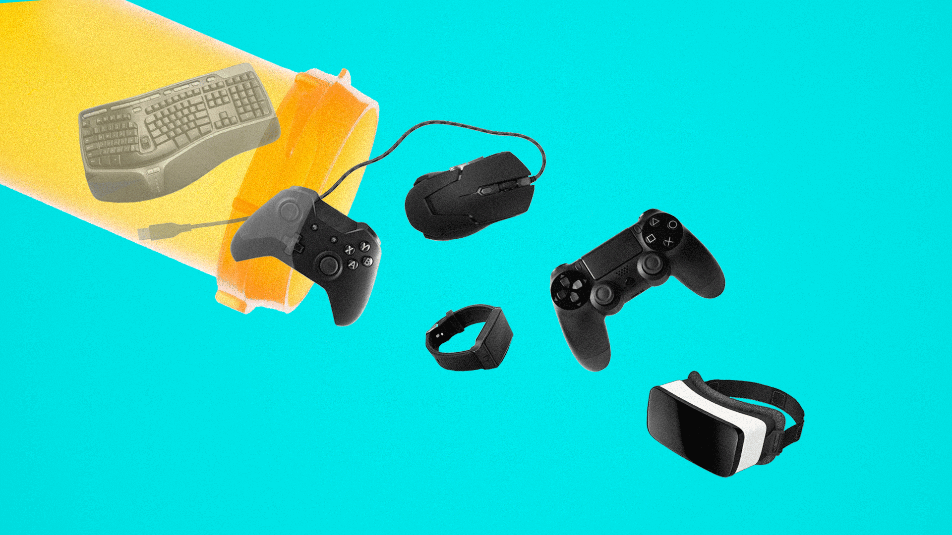 Illustration of pill bottle emptying out video game controllers