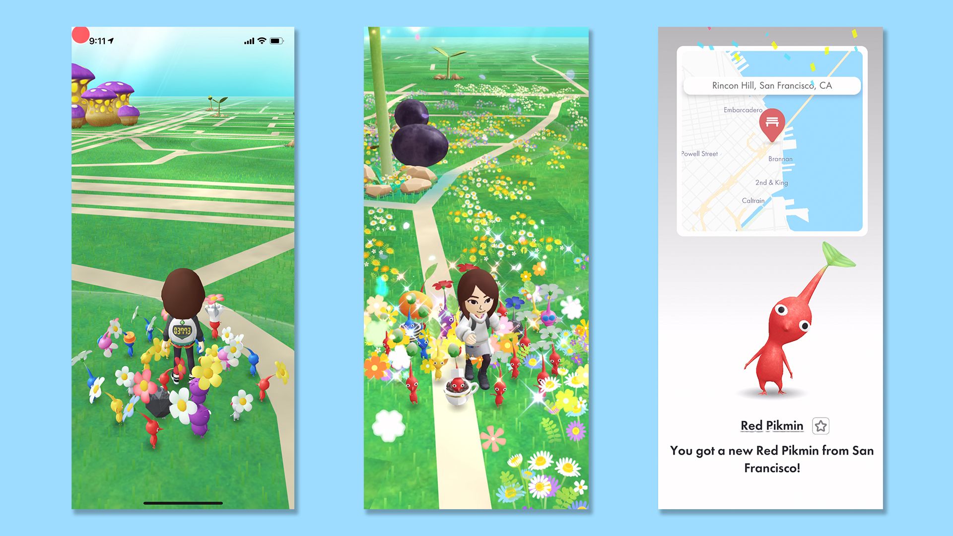 Video game screenshots showing a character walking down a virtual map with plant-like people following them and planting flowers