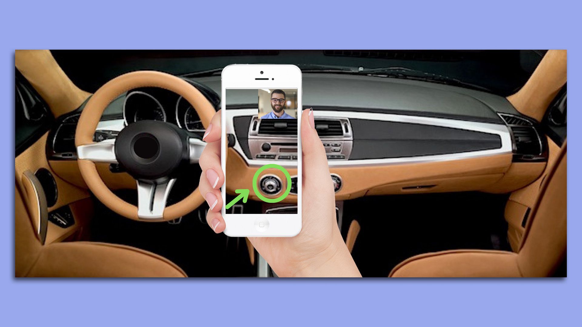 A phone held next to a steering wheel shows video tech support in action.
