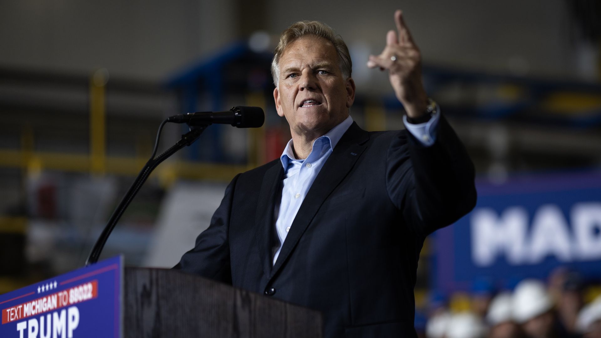 Michigan Republican U.S. Senate candidate former U.S. Rep. Mike Rogers (R-MI) speaks during a campaign event hosted by Republican presidential candidate former President Donald Trump at the Falk Productions manufacturing facility on September 27, 2024 in Walker, Michigan.