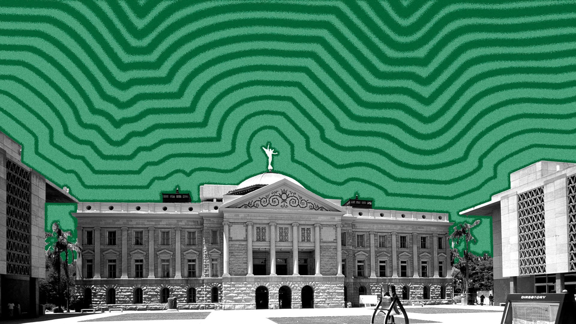 Illustration of the Arizona State Capitol with lines radiating from it.