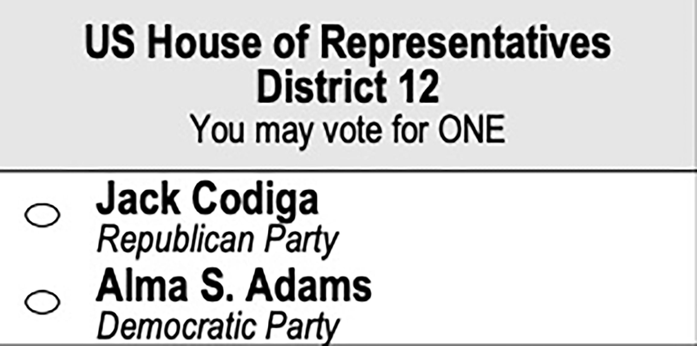 Grayscale ballot showing US House of Representatives District 12 with You may vote for ONE. First option: Jack Codiga (Republican Party); second option: Alma S. Adams (Democratic Party).