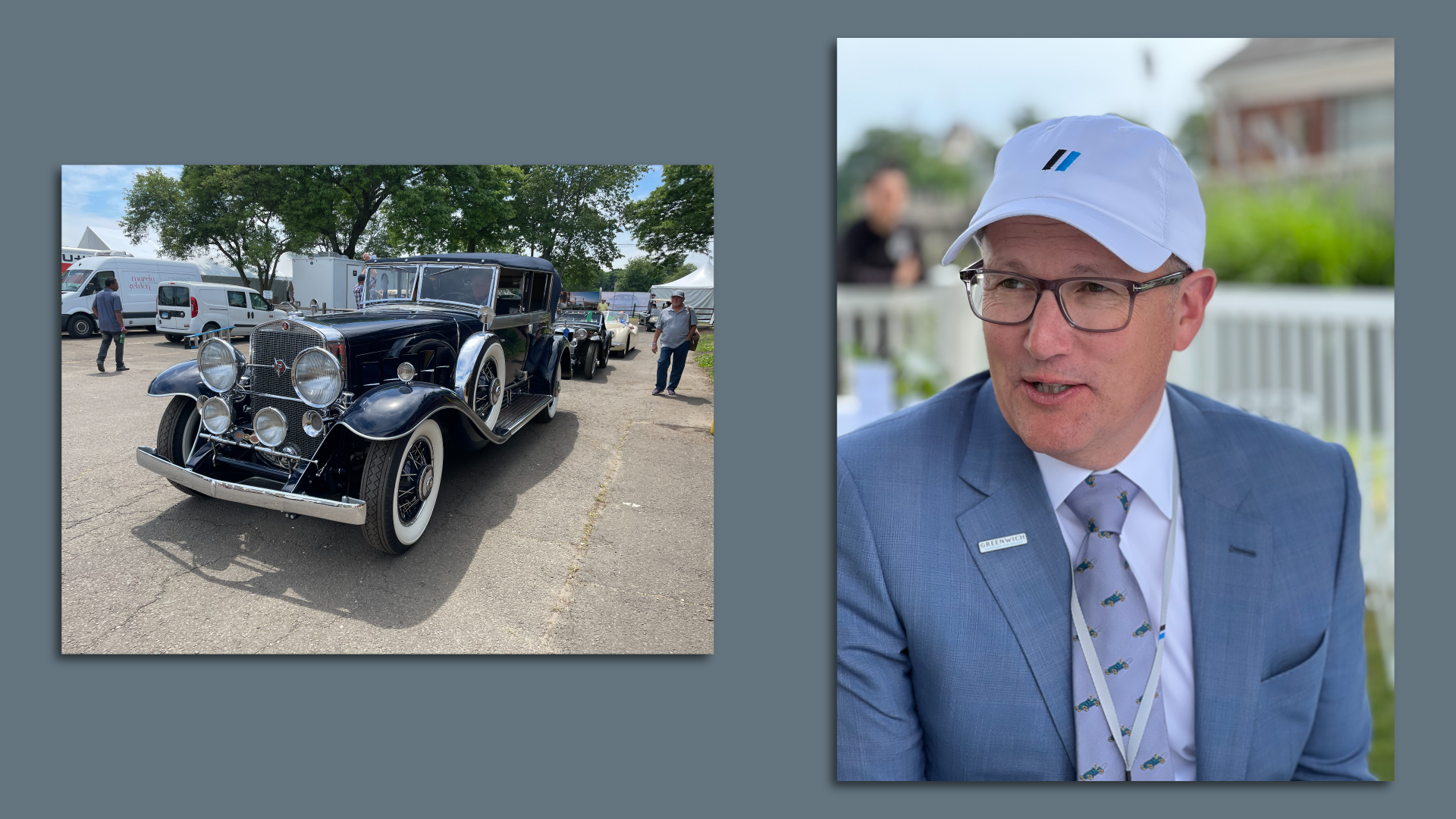 At left, the vintage Cadillac that won the Greenwich Concours auto show; at right, McKeel Hagerty, CEO of Hagerty Inc.
