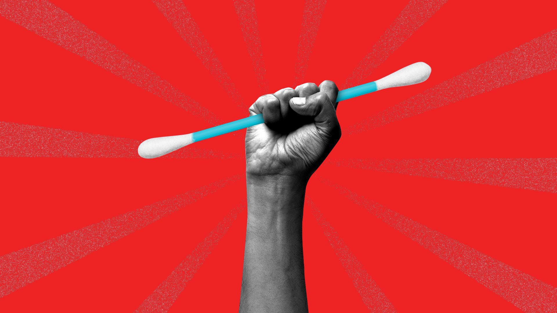 An illustration of a hand holding a Q-tip.