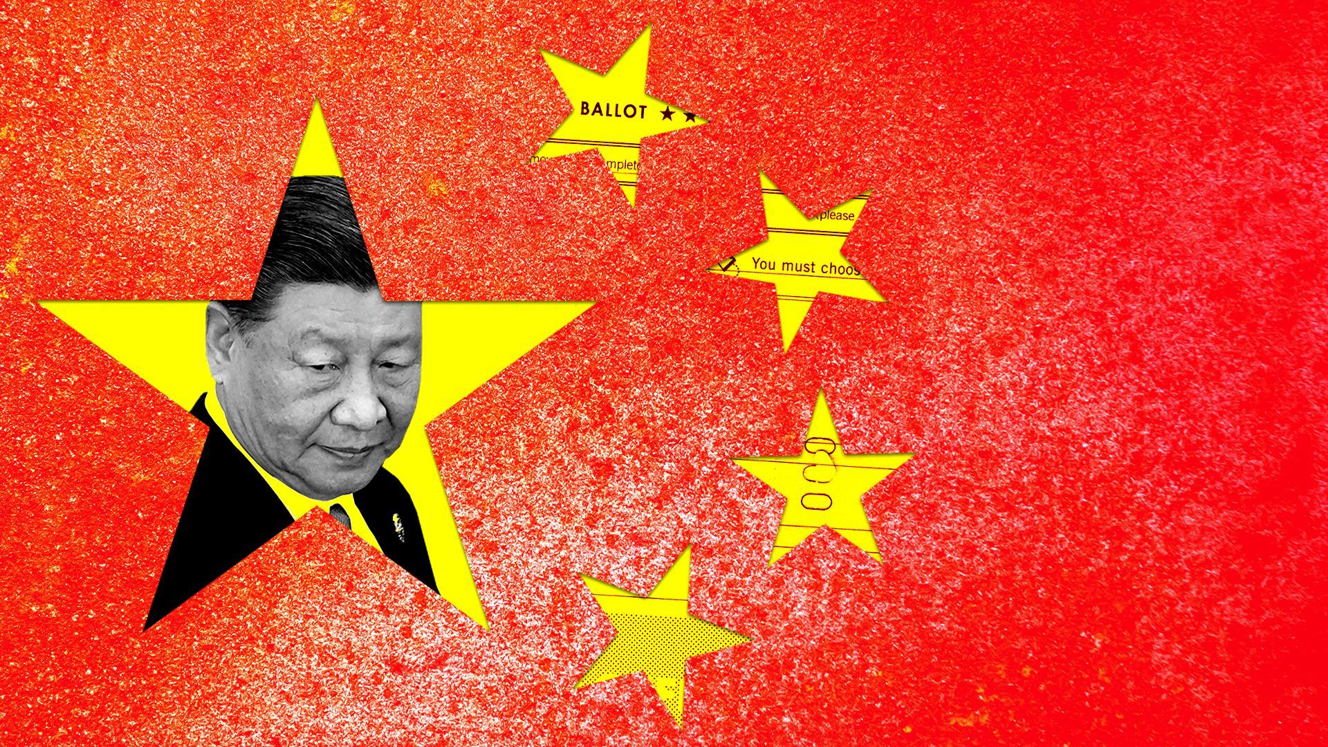 Photo illustration of the Chinese flag with Xi Jinping centered in one star, and a voting ballot framed inside the other stars.