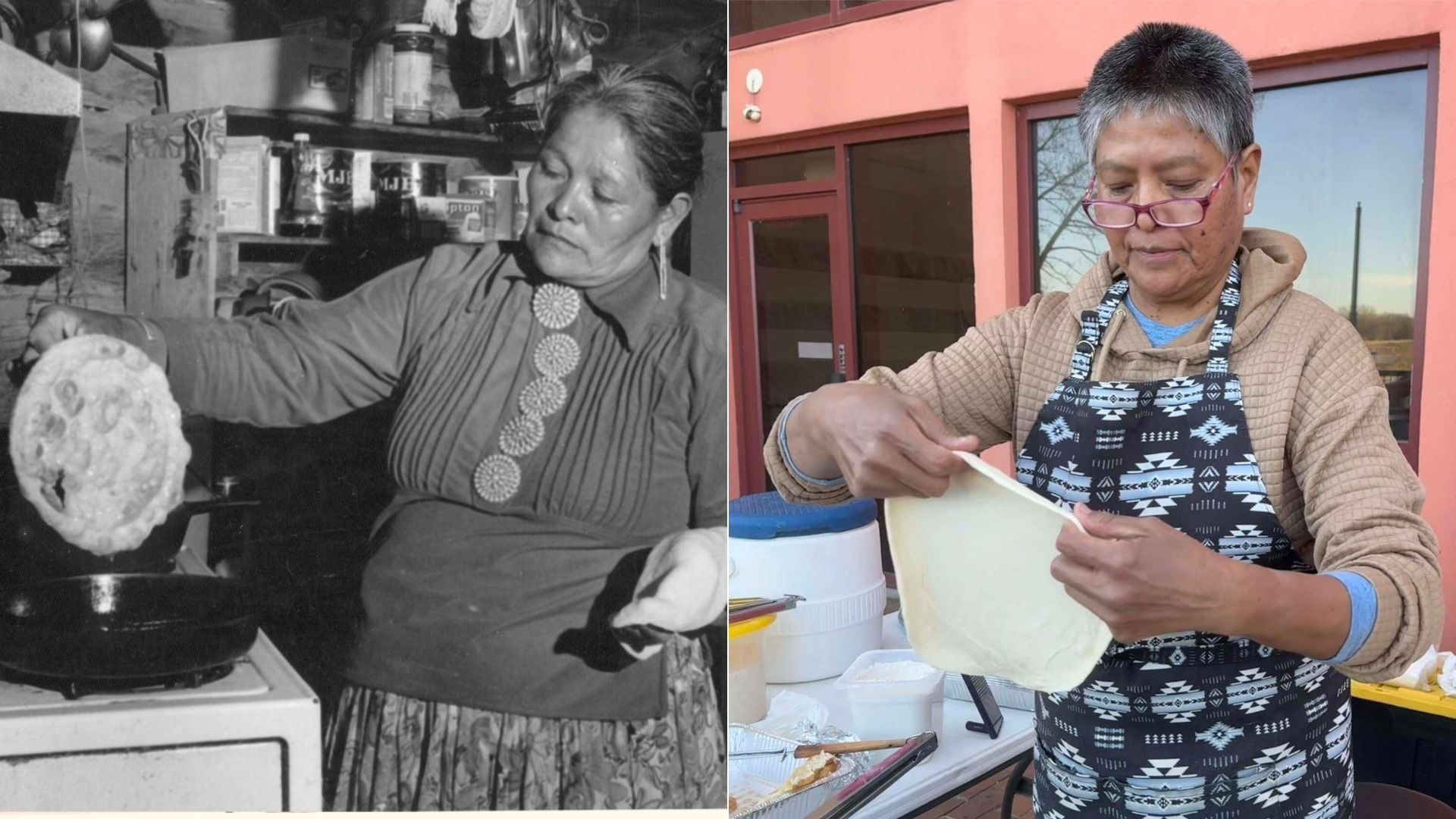 Split image: left, black-and-white, a Native woman wearing a circular necklace, cooking dough on a stove; right, color, the same woman in a patterned apron and glasses outdoors, rolling dough.