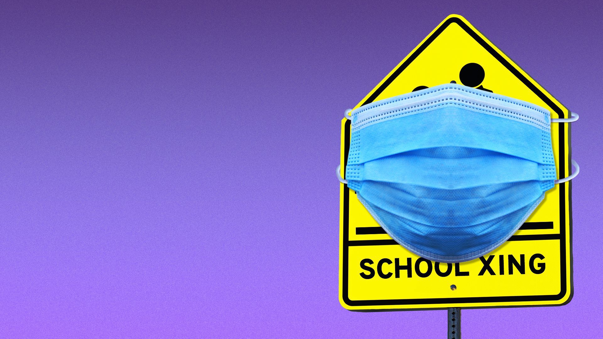 Illustration of a school crossing sign wearing a mask.