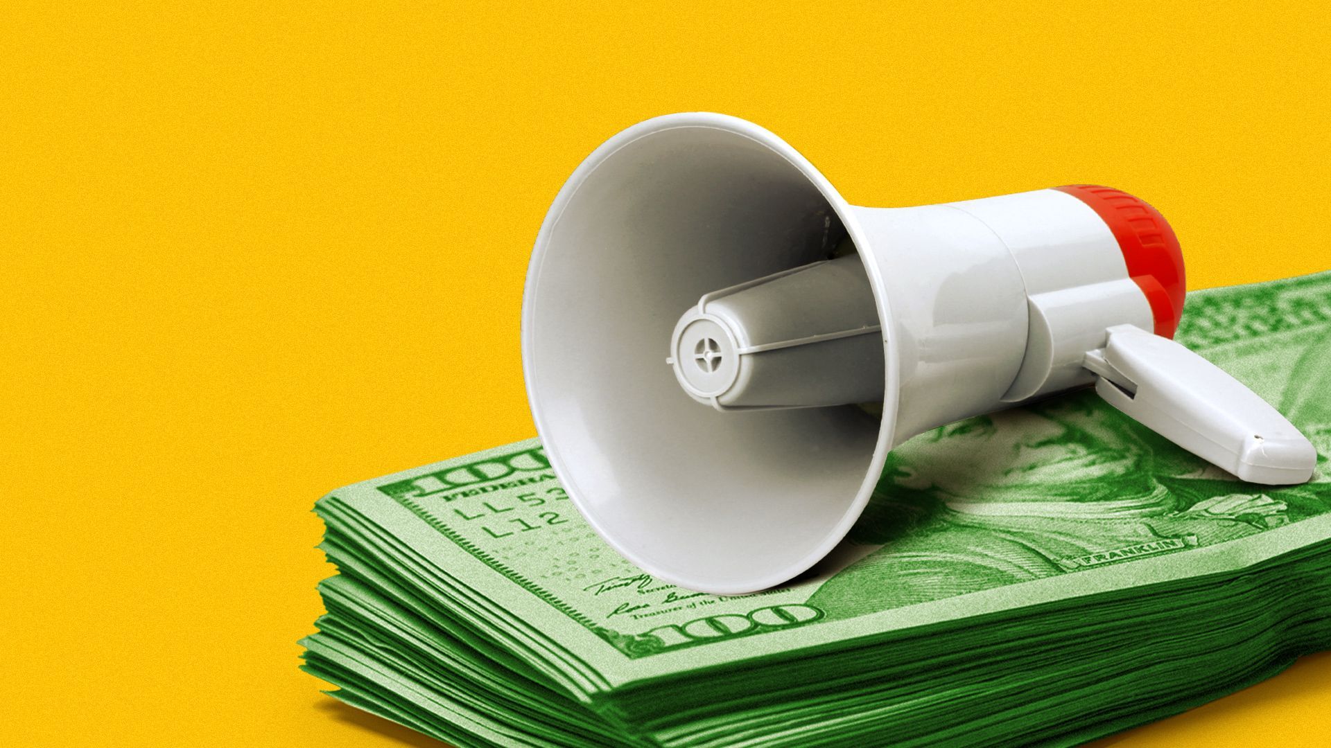 Illustration of a bullhorn resting on top of a stack of one hundred dollar bills.