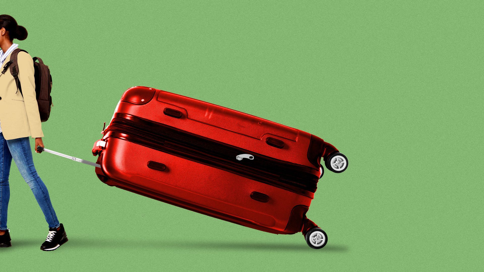 Illustration of a woman pulling a gigantic roller suitcase