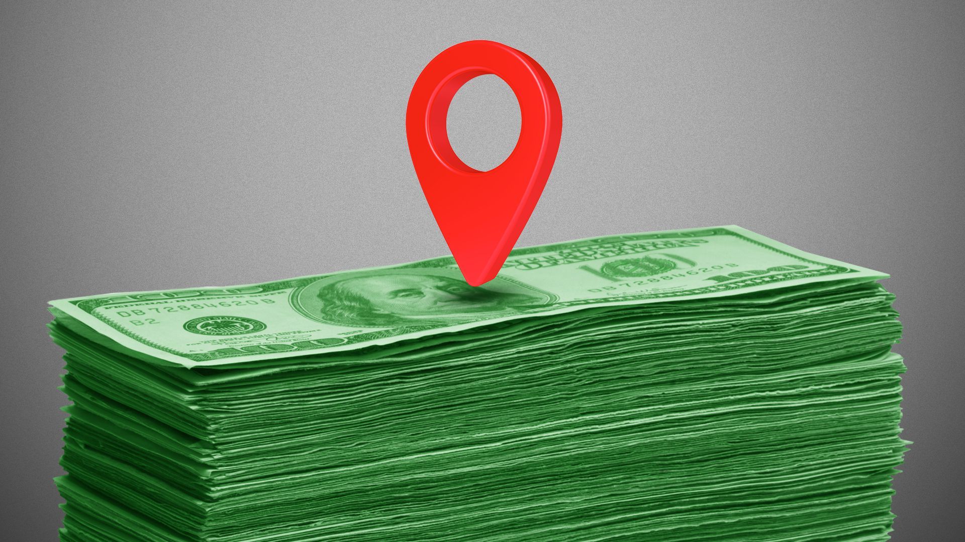 Illustration of a stack of money with a floating navigation icon on top.
