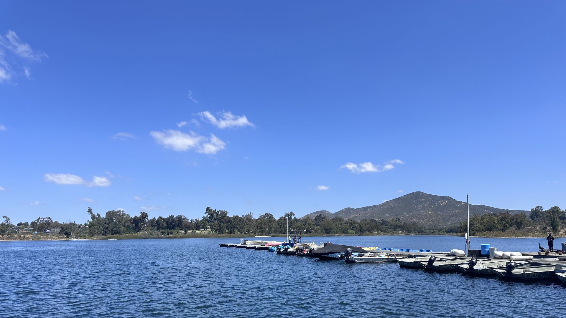 a view of a Lake Murray boat dock with Cowles Mountain in the distance