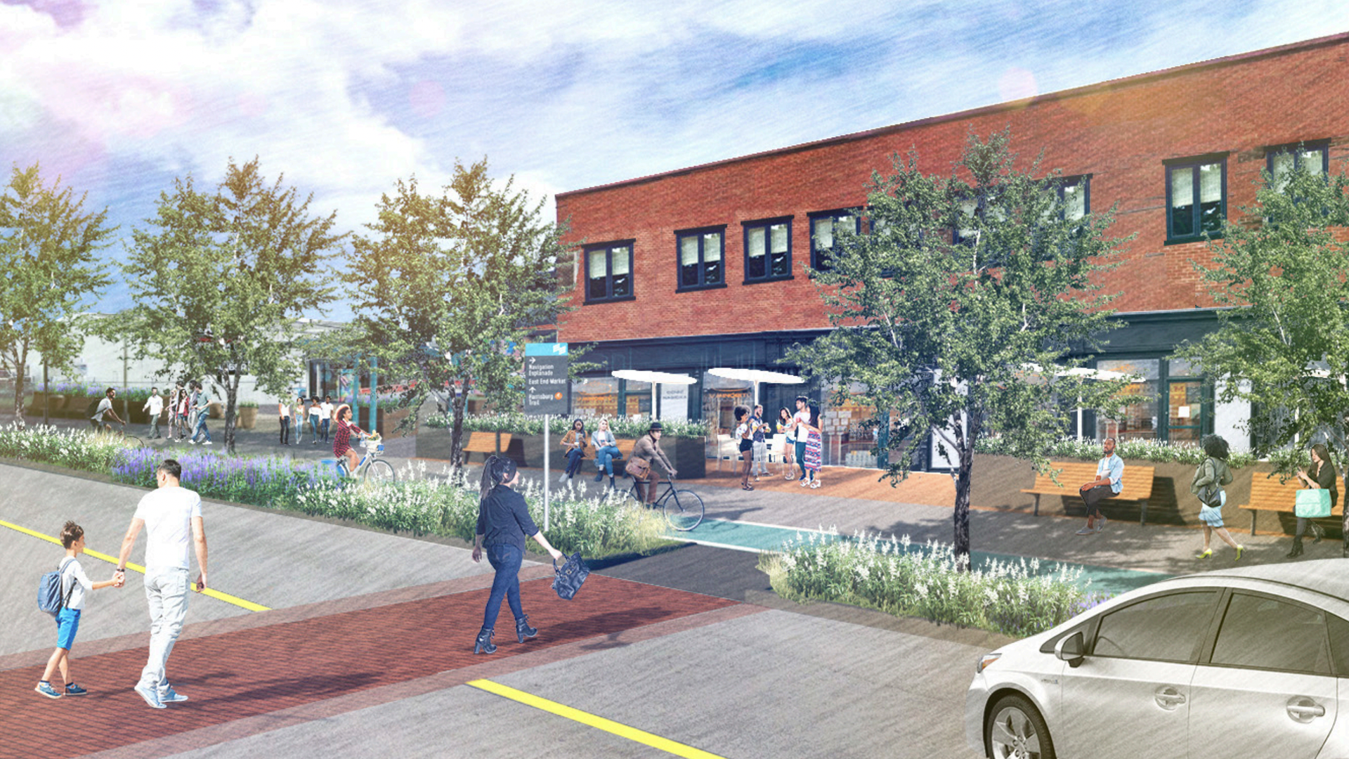 Rendering of Telephone Road. Shows a walkway and greenery and people biking. 