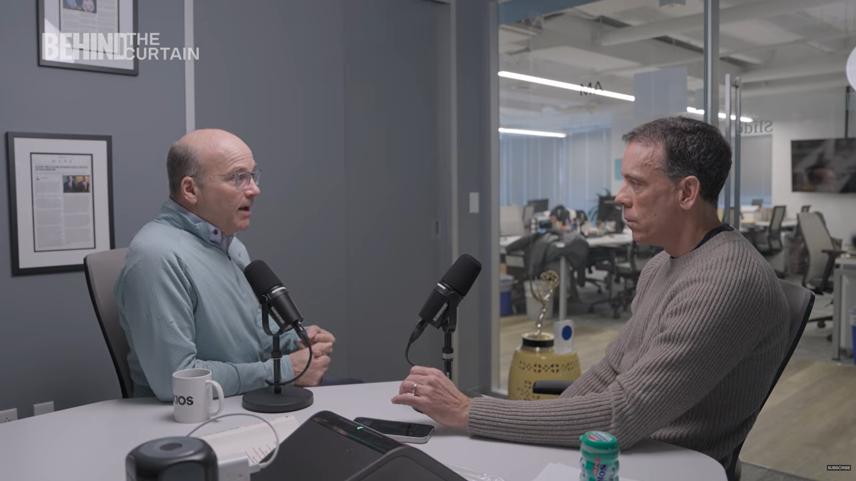 Mike Allen and Jim VandeHei recording a podcast on Iran.