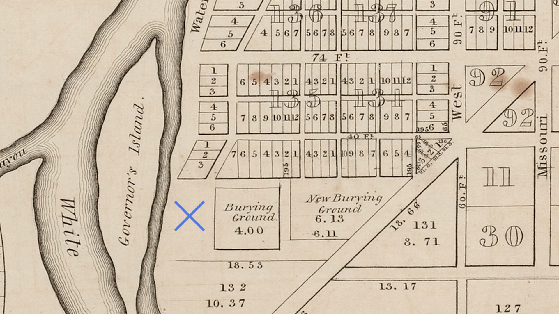 A blue x on an old map