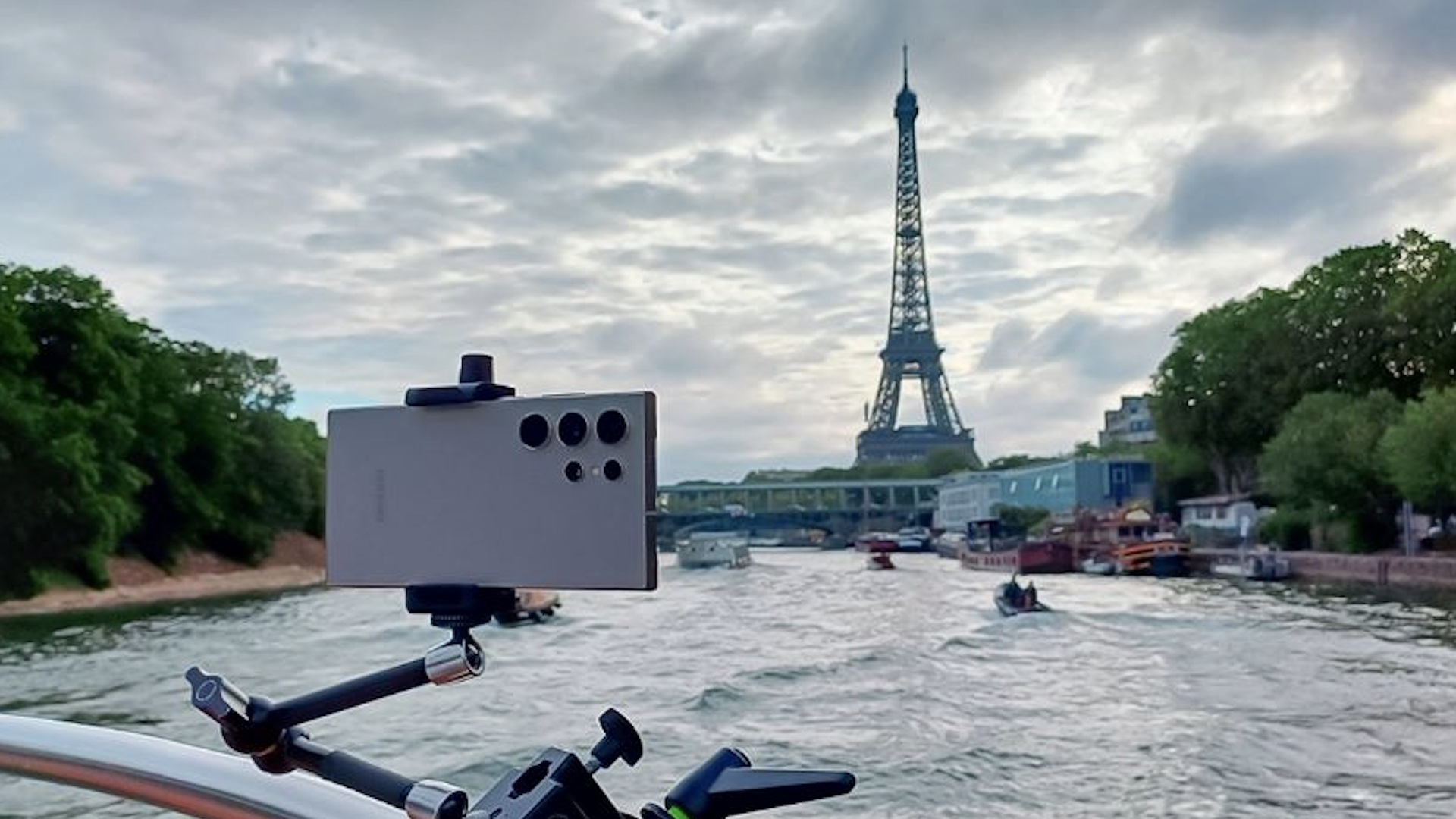 A boat-mounted Samsung Galaxy S24 Ultra capturing scenes from along the Seine River ahead of the 2024 Olympics