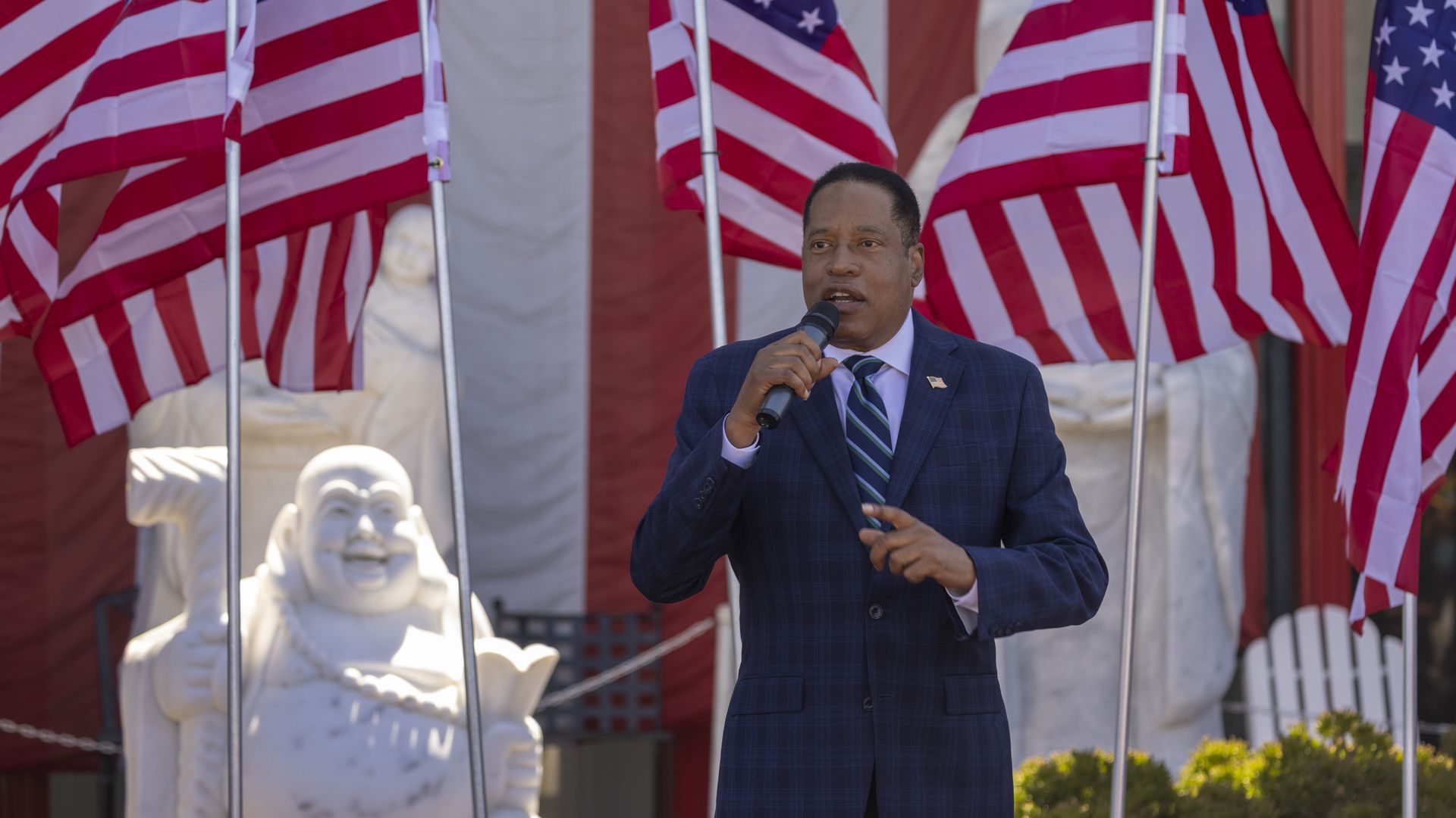 Then-Republican recall candidate Larry Elder addresses a rally at the Asian Garden Mall on September 4, 2021 in Westminster, California. 