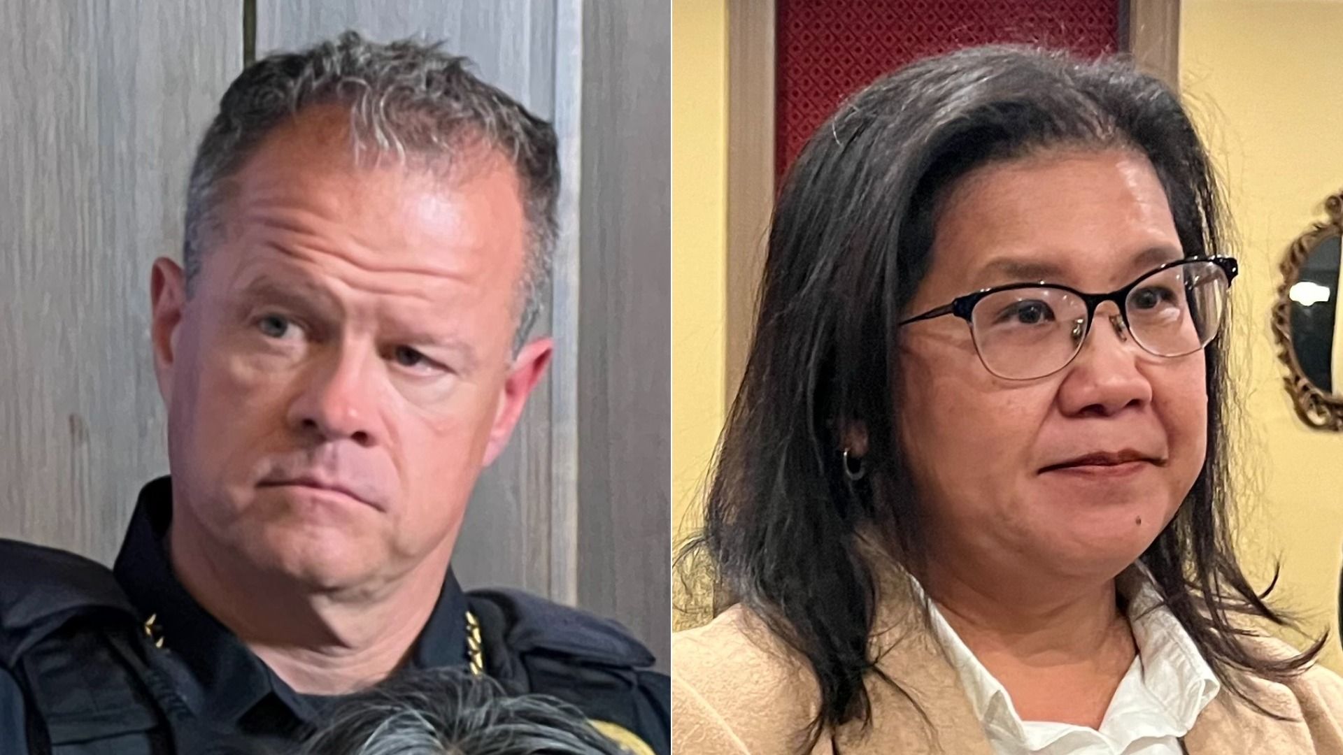 Split image of two adults; left a man with short gray hair in a dark uniform against a gray wall; right a woman with glasses and shoulder-length black hair in a beige blazer and white blouse.