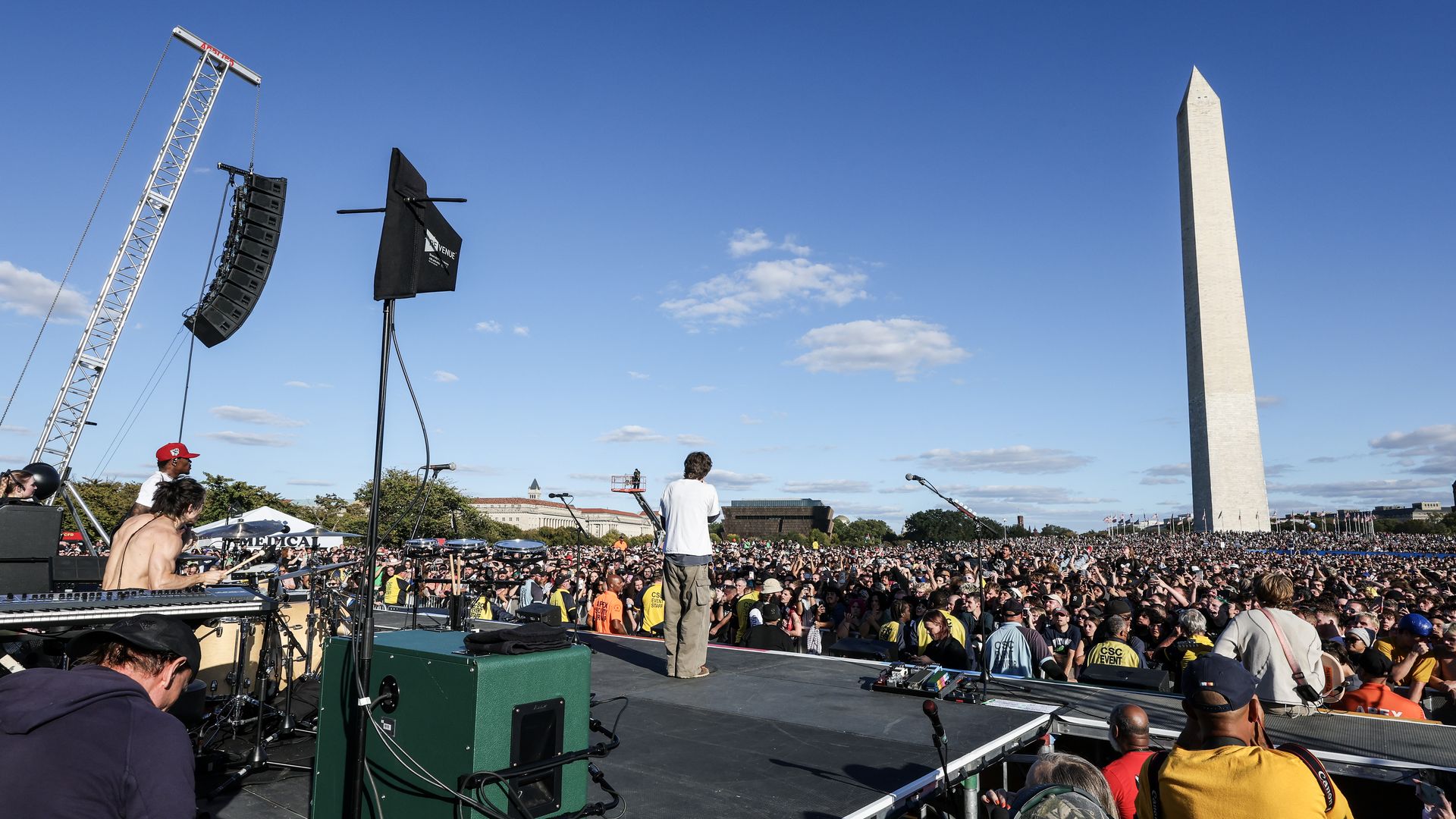 Brendan Yates of Turnstile performs at the Washington Monument on October 24, 2026 in Washington, DC. Turnstile hosted the free concert to raise money for aid to Palestine, Sudan and Lebanon. (Photo by Anna Moneymaker/Getty Images)