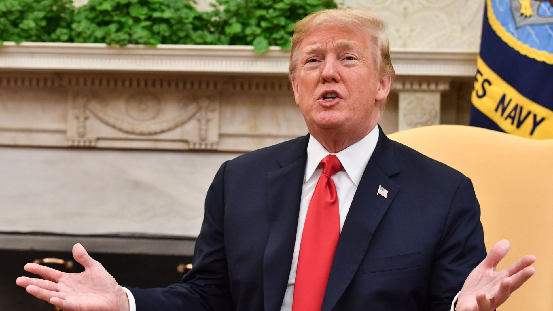 US President Donald Trump throws up his hands while speaking