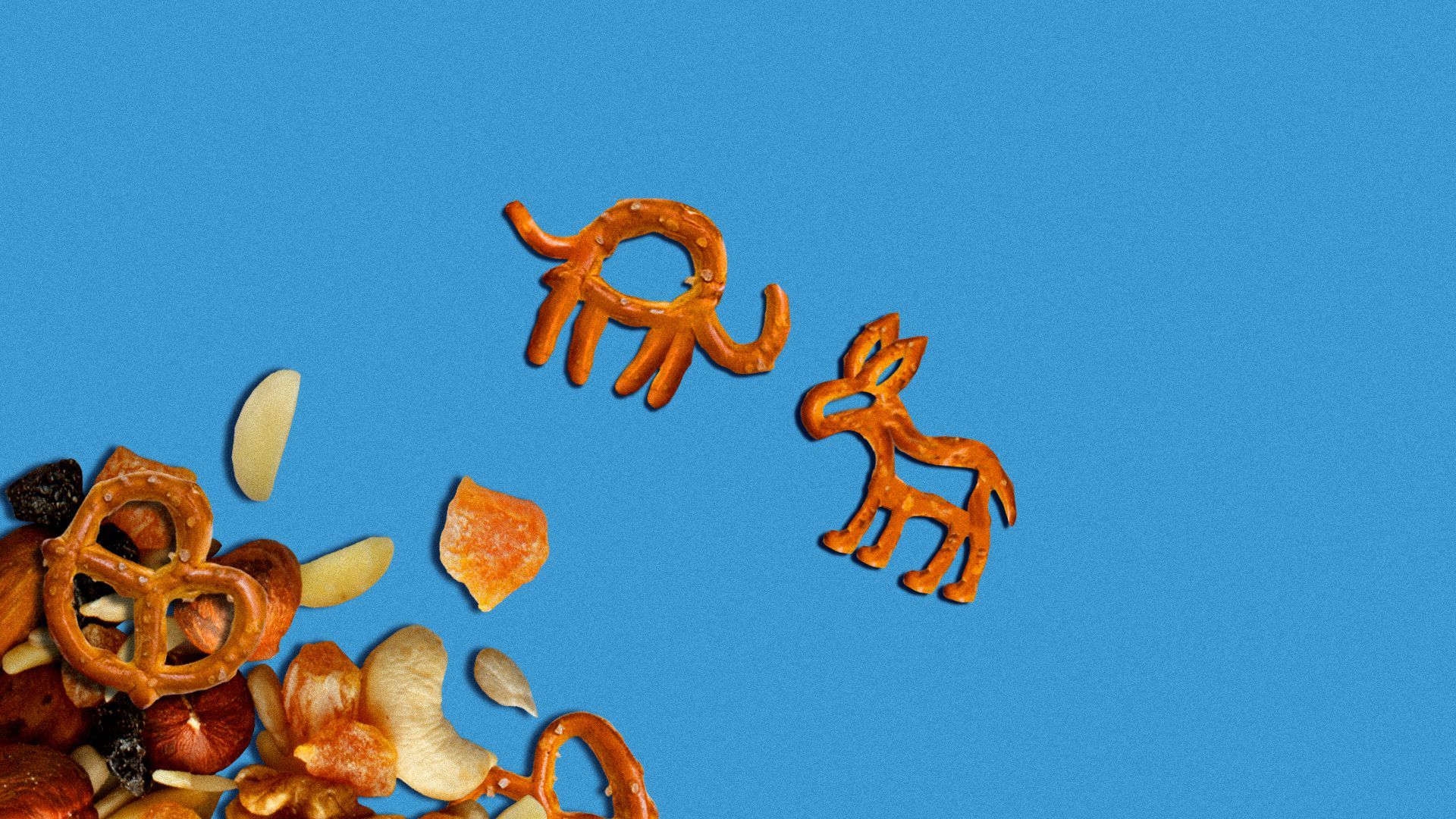Illustration of trail mix with elephant and donkey pretzels