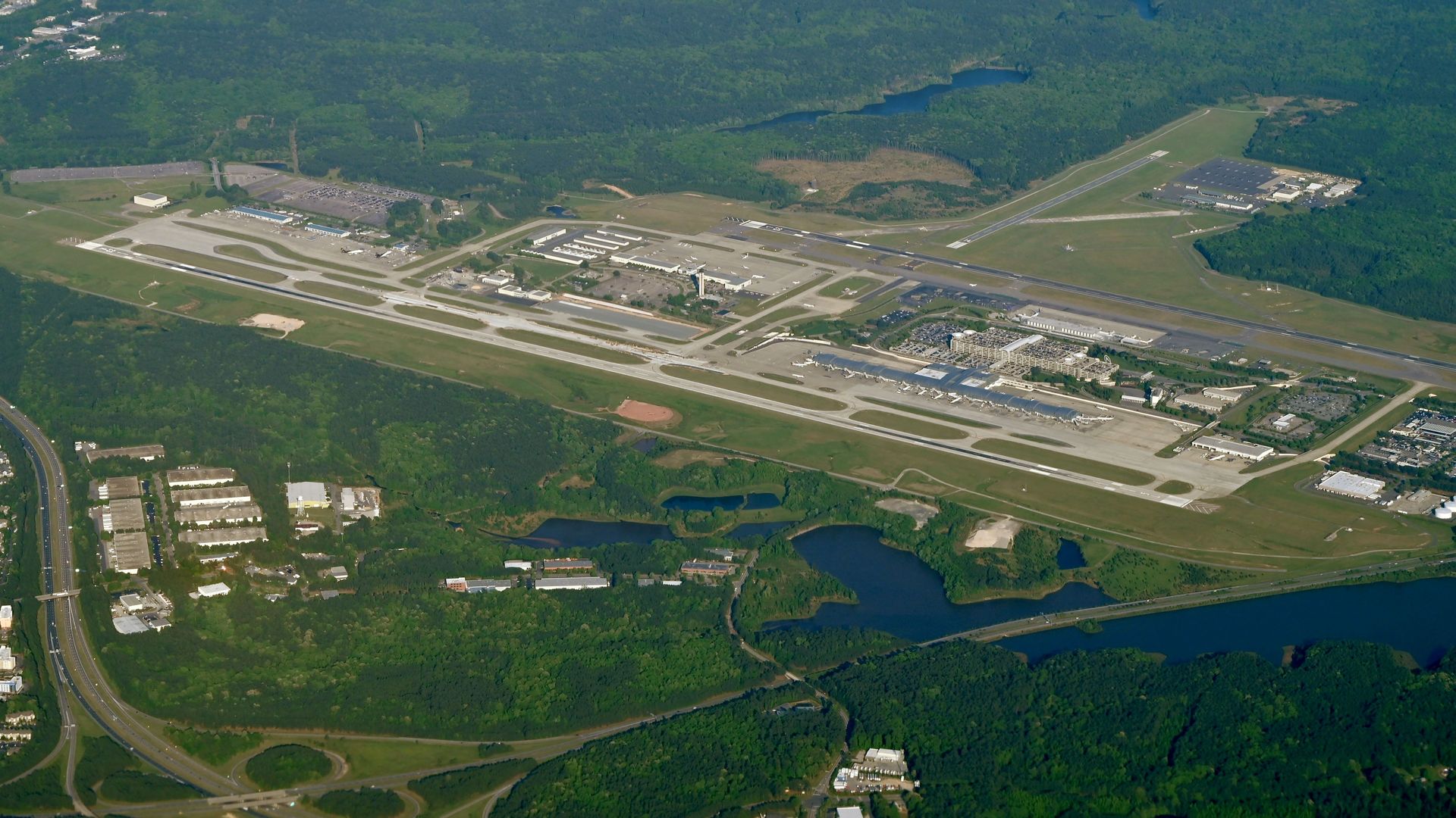 Aerial view of Raleigh-Durham International Airport on April 27, 2022. Photo by DANIEL SLIM/AFP via Getty Images
