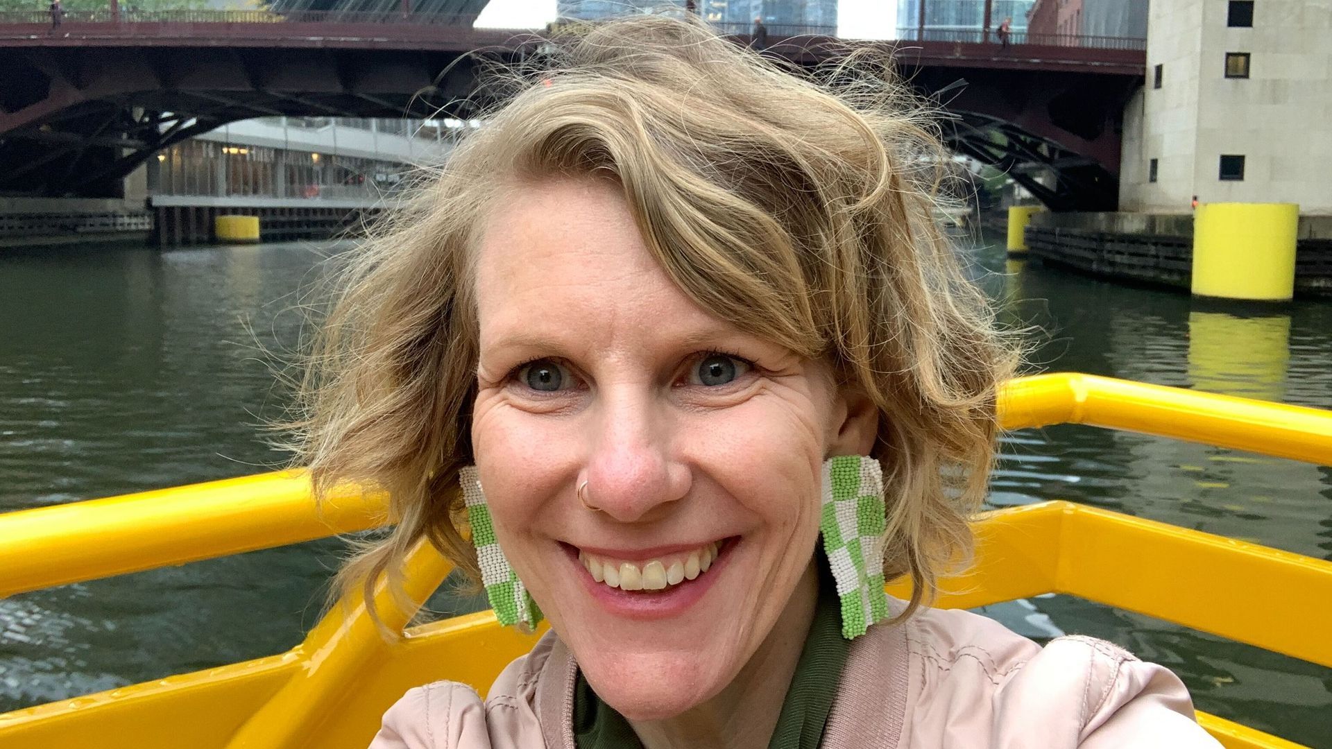 Carrie smiles while taking a selfie on the Chicago Water Taxi.