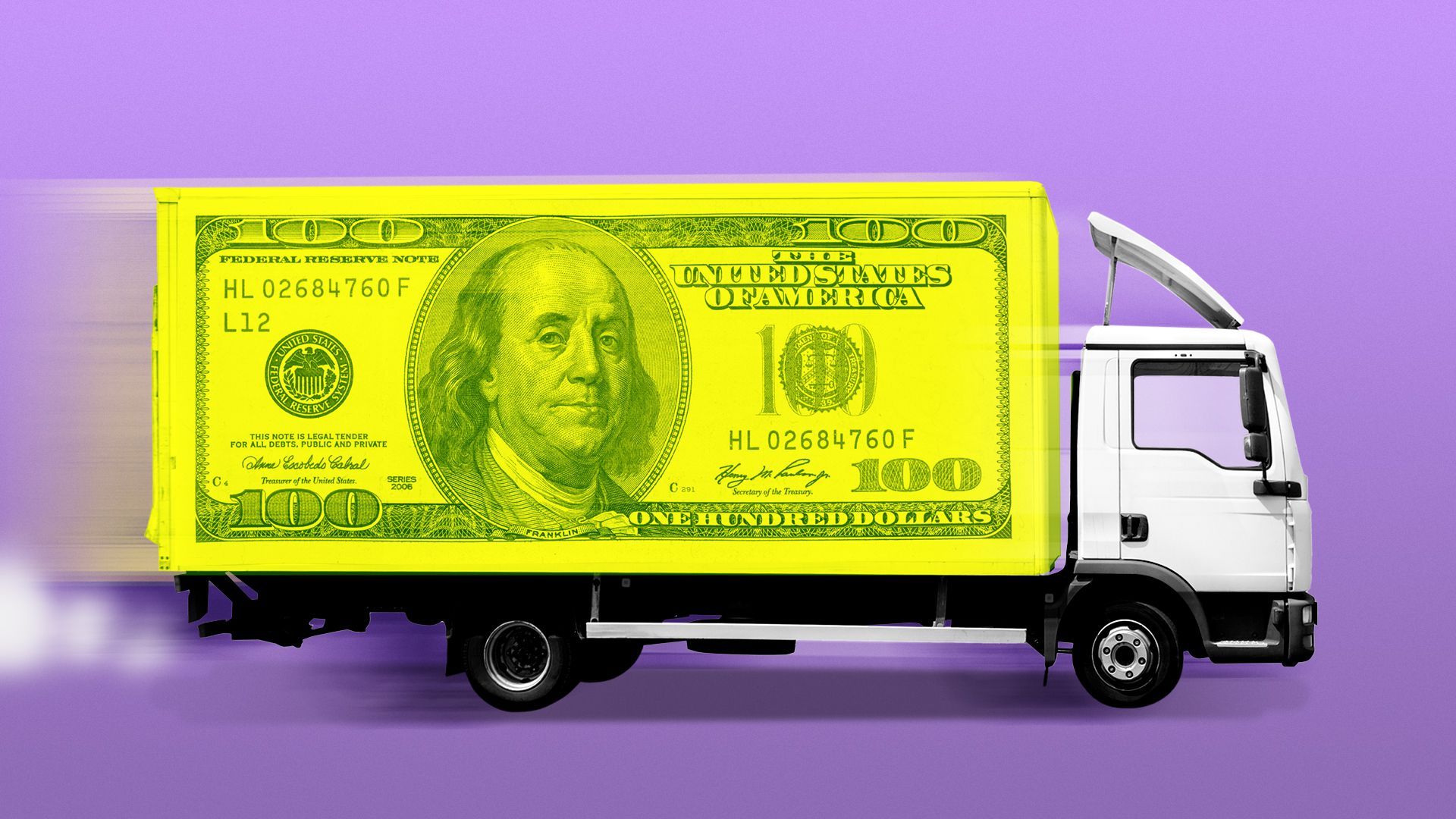 Illustration of a delivery truck with a 100 dollar bill on the side