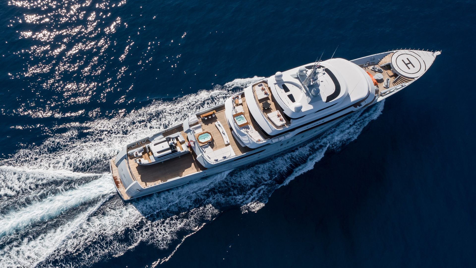 An aerial photo of the superyacht Victorious