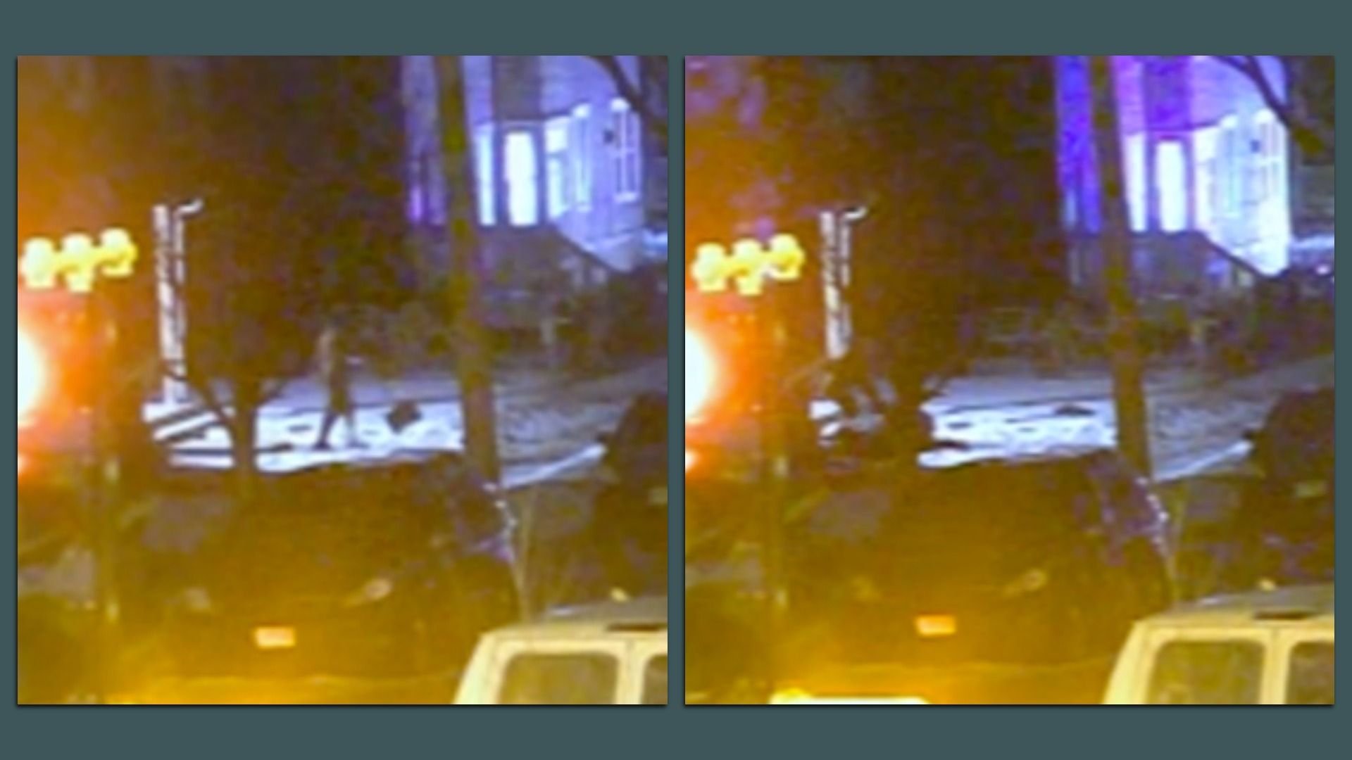 Two side-by-side nighttime street scenes with orange streetlights and purple tint. A house with a porch, trees, and silhouettes near a car in the foreground. In one image, a man stands with a snow shovel. In the second, the snow shovel is visible in the snow on the ground.