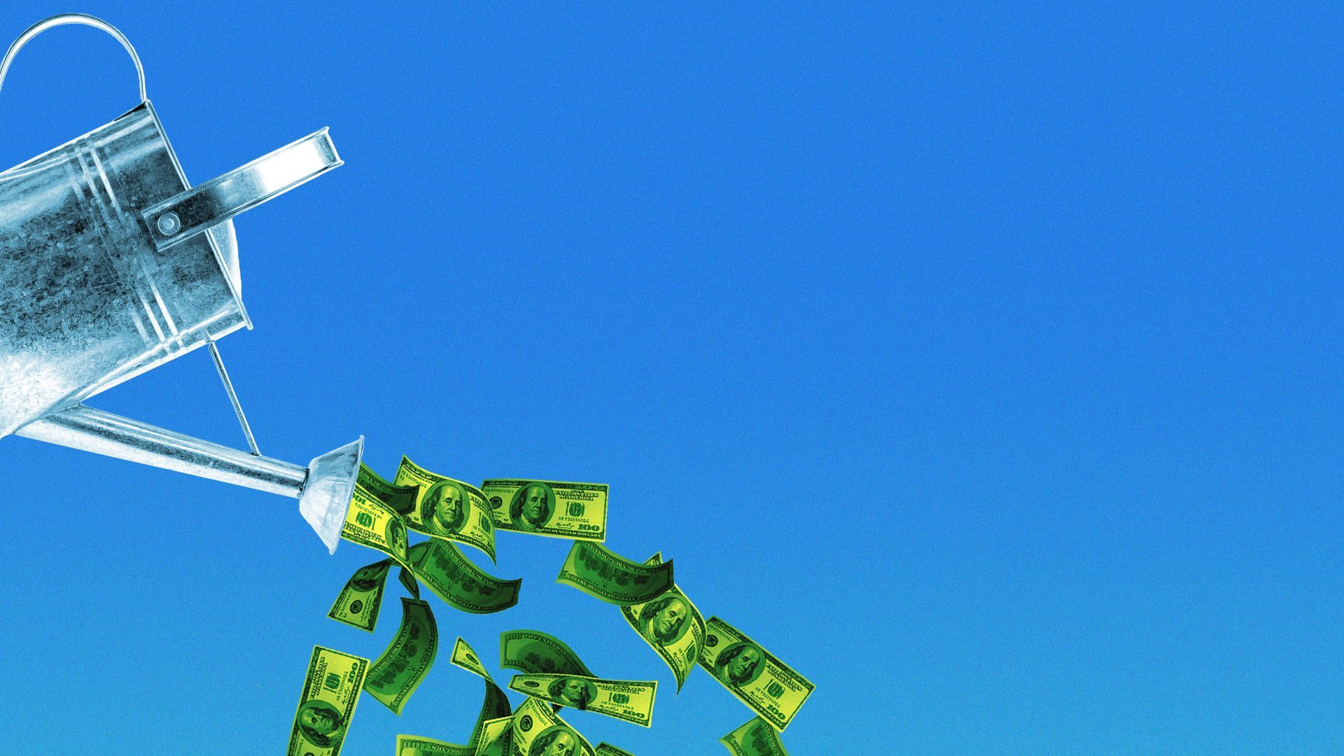 Illustration of a watering can pouring dollar bills.