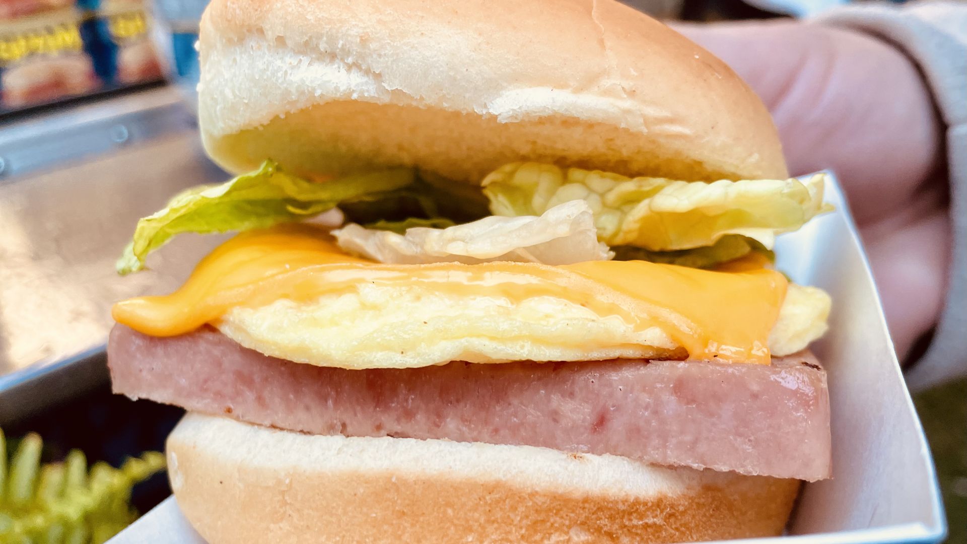 A photo of a Spam burger.