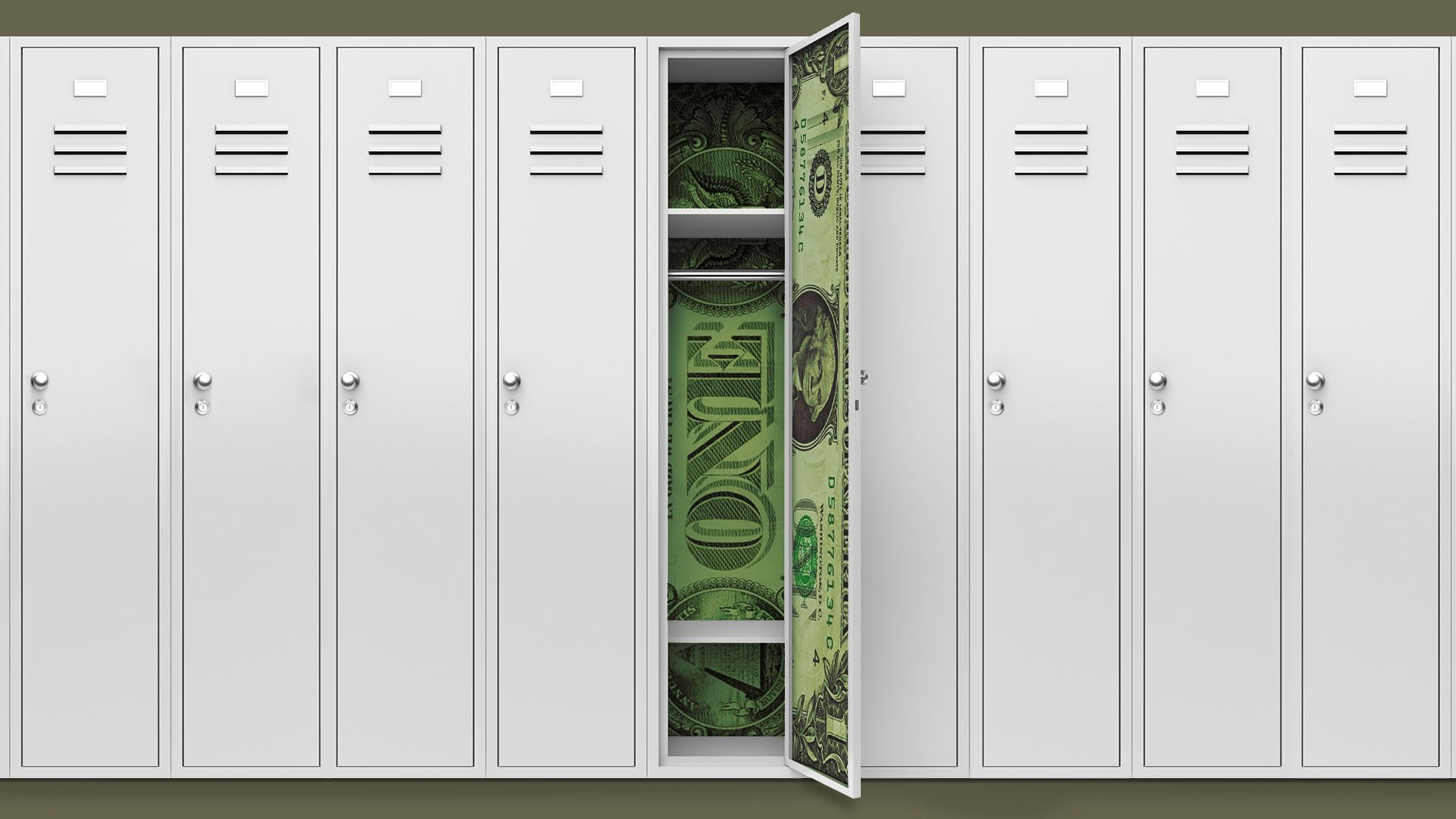Illustration of a line of lockers with one open showing an interior lined with large dollar bills