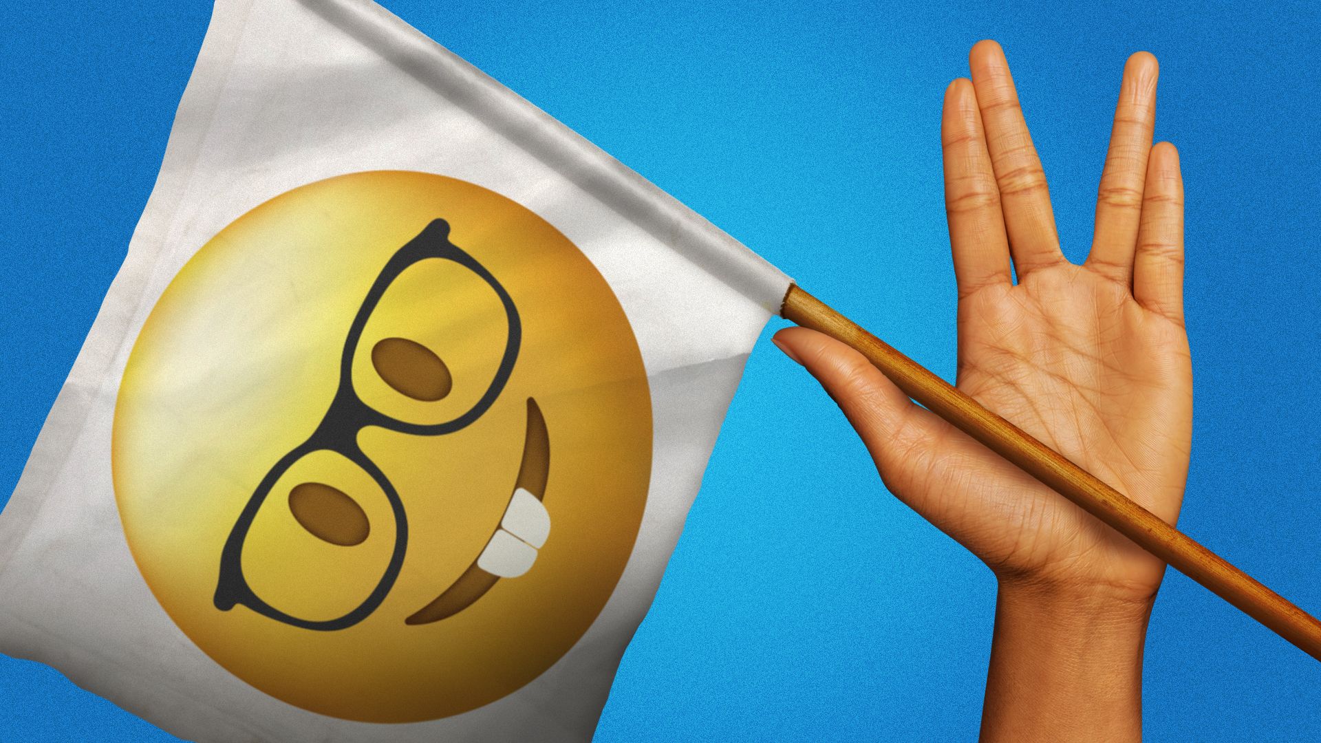 Illustration of a hand making the Vulcan greeting holding a flag with the nerd emoji on it
