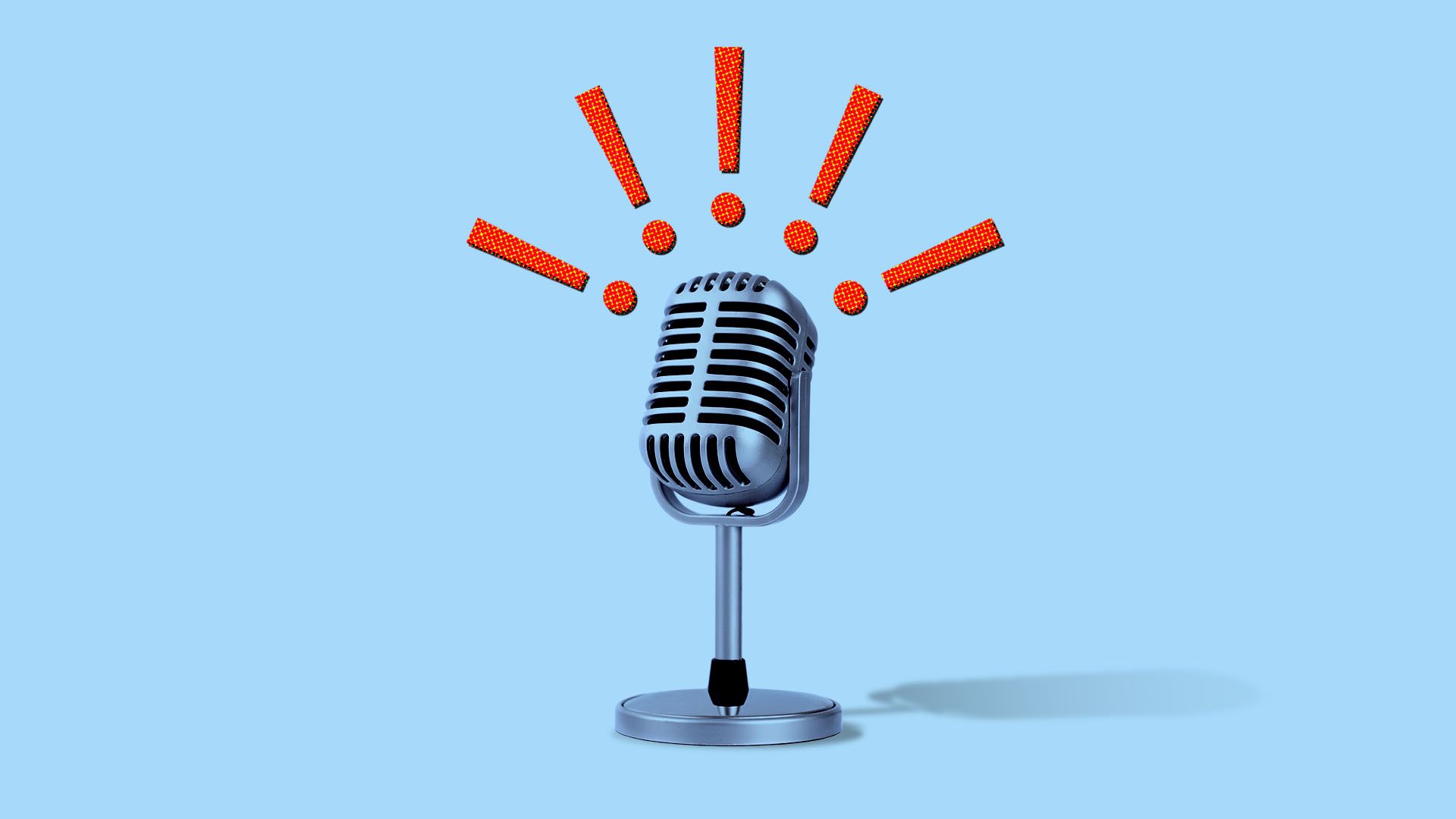 Illustration of a microphone surrounded by exclamation points