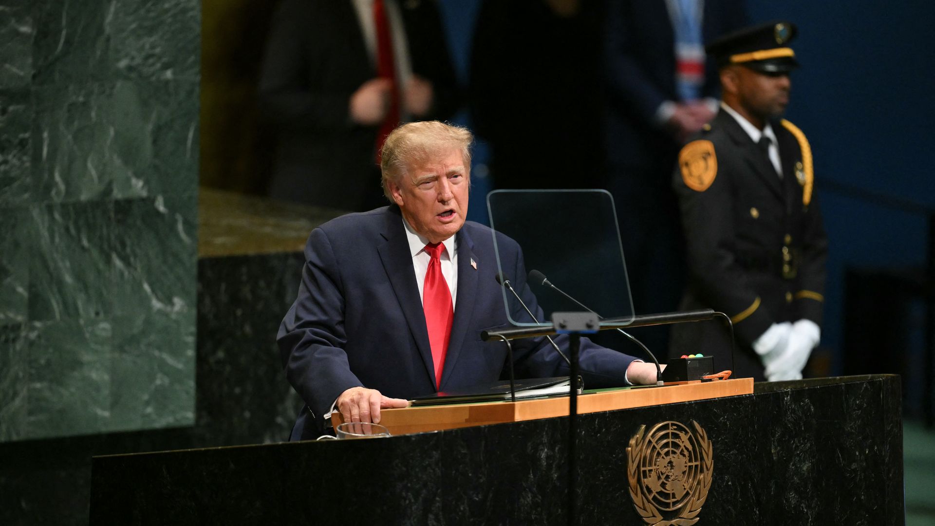President Trump speaks from the lectern in the UN General Assembly Hall in New York.