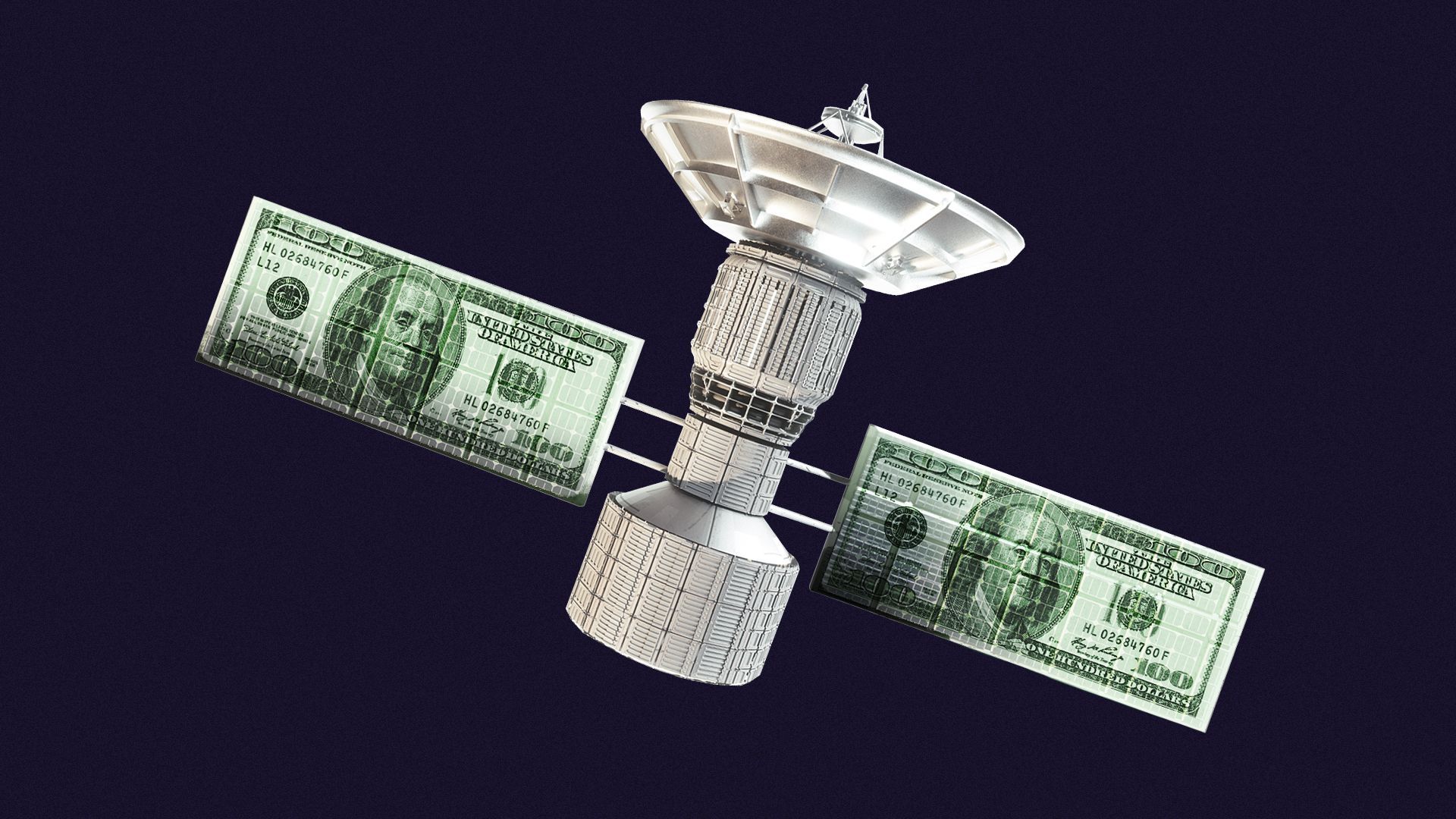 Illustration of a satellite flanked by hundred dollar bills for solar panels