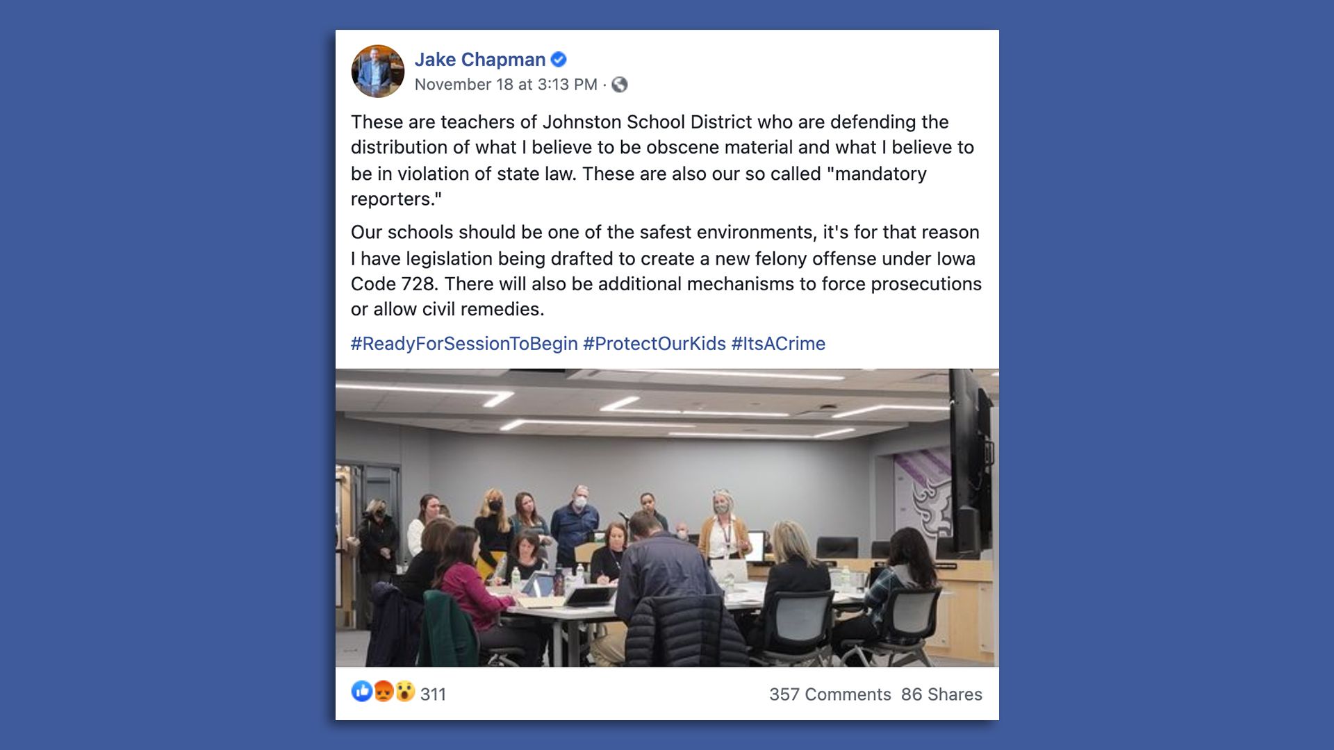 Sen. Jake Chapman's FB post wanting to penalize teachers