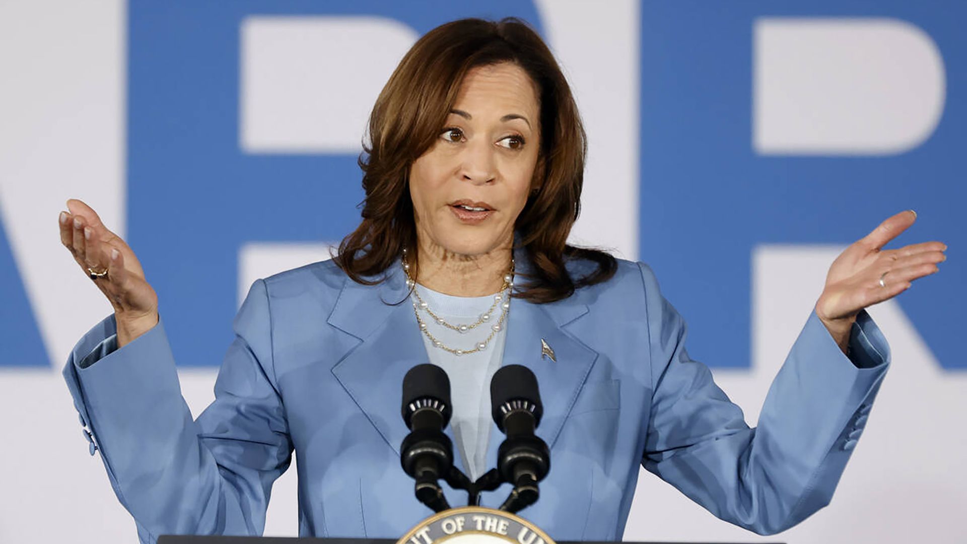 Vice President Kamala Harris speaks at a campaign rally on June 28, 2024, in Las Vegas. (Bizuayehu Tesfaye/Las Vegas Review-Journal/Tribune News Service via Getty Images)