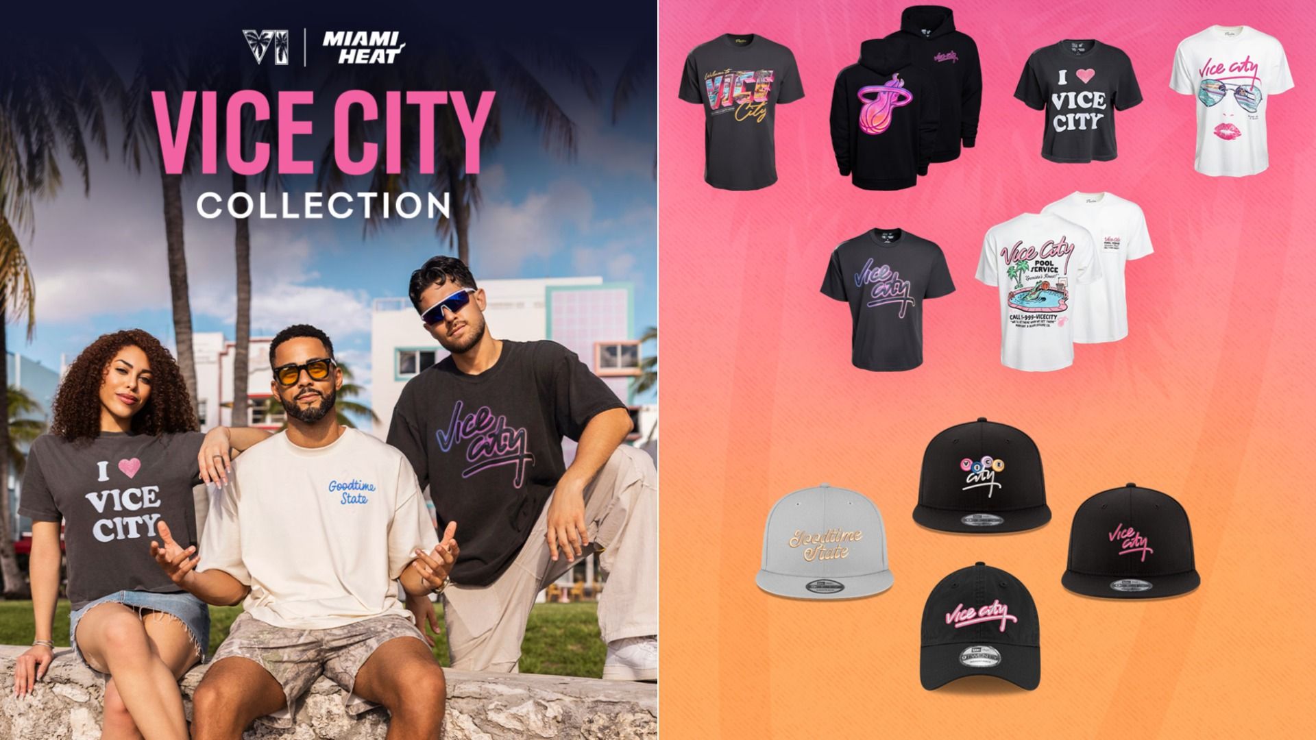 The Vice City collection featuring t-shirts, hoodies and hats.