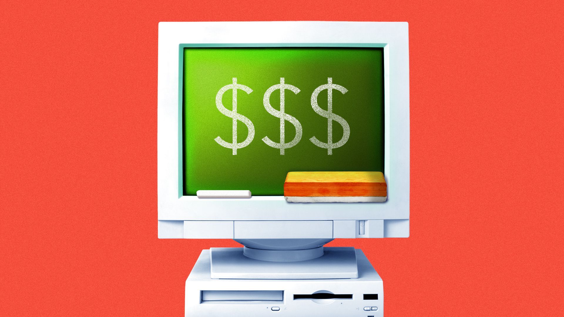 Illustration of a computer with a chalkboard screen featuring dollar signs