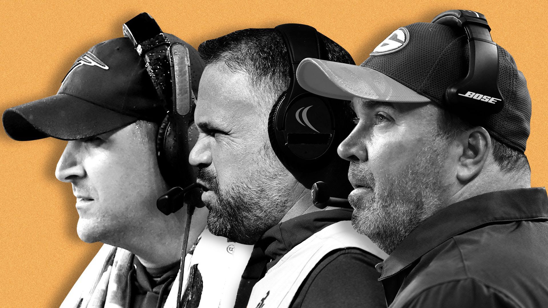 Photo illustration of Mike McCarthy, Matt Rhule, Joe Judge.