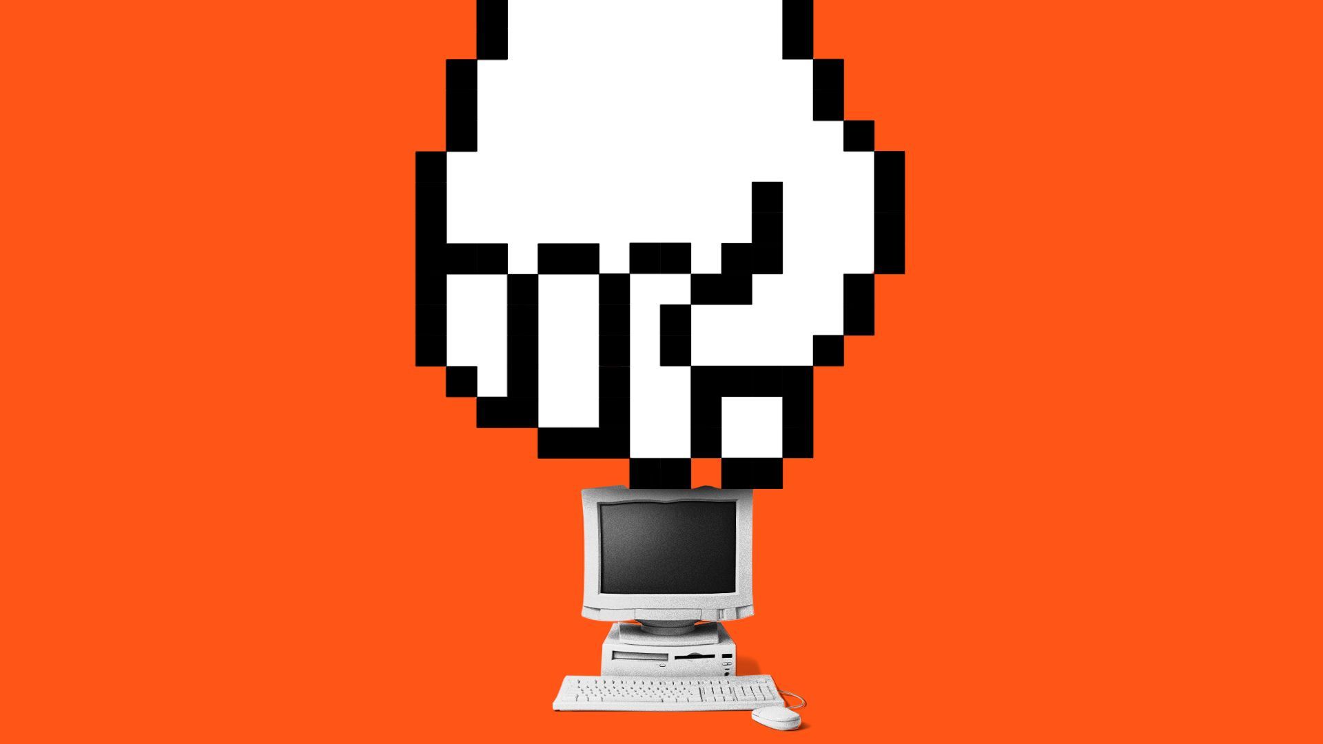 Illustration of a giant fist cursor crushing a small desktop computer. 
