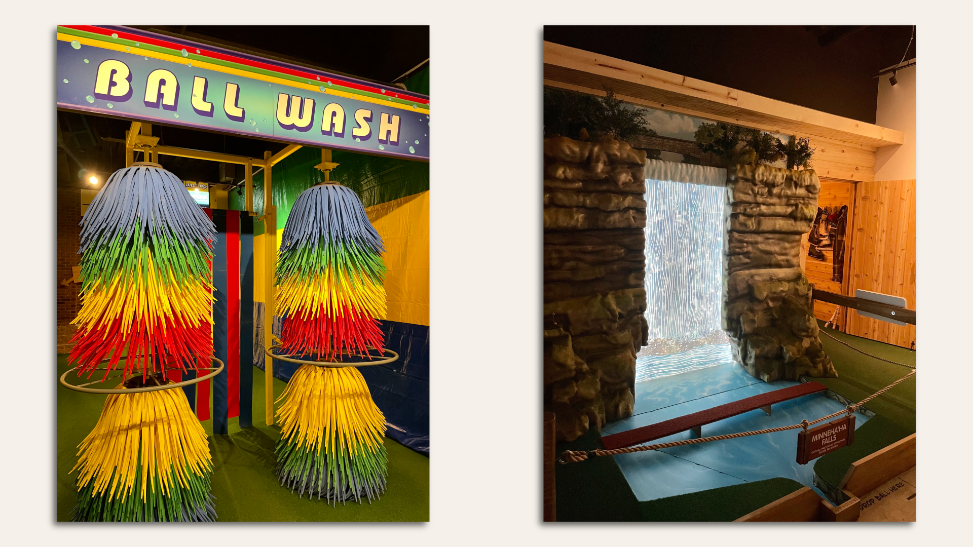 A mini golf course hole with a model of the Minnehaha Falls waterfall.