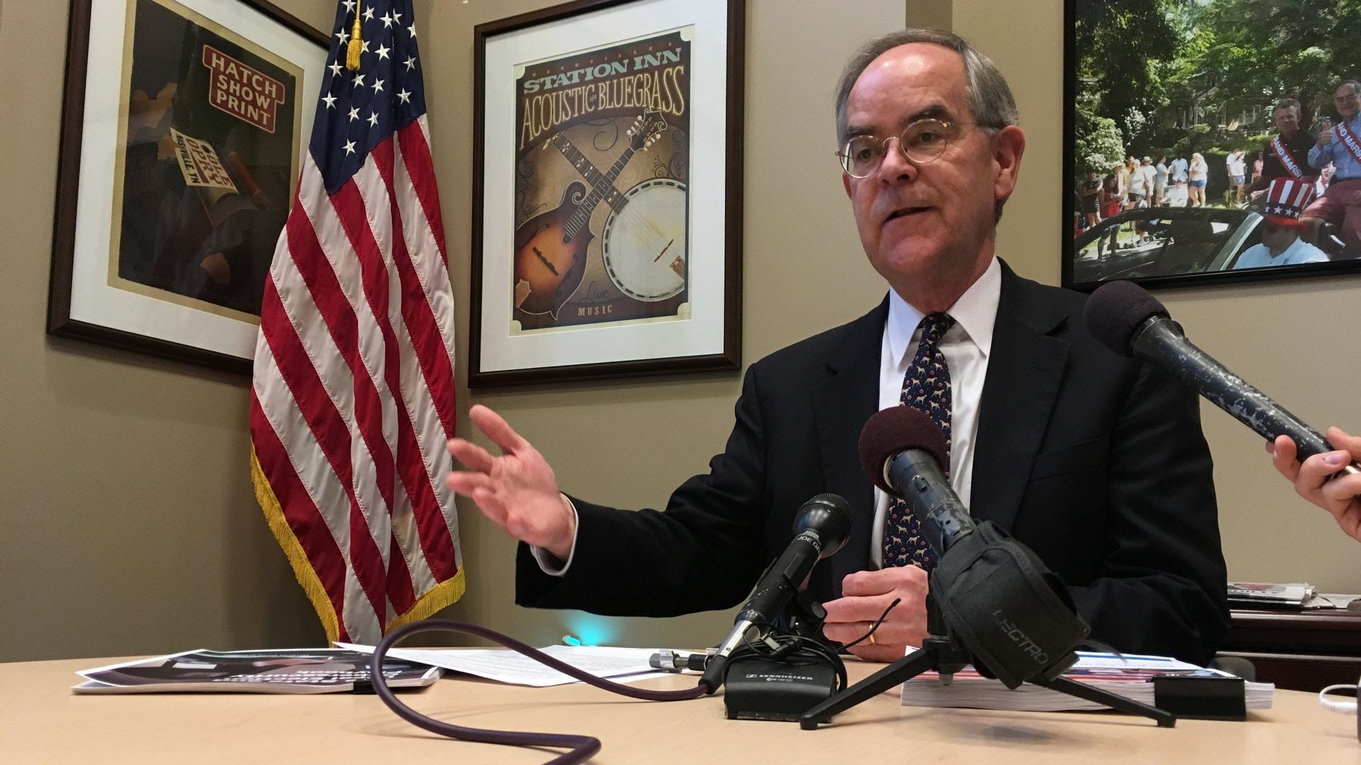U.S. Rep. Jim Cooper, D-Nashville, sits at a desk explaining something with a hand in the air.