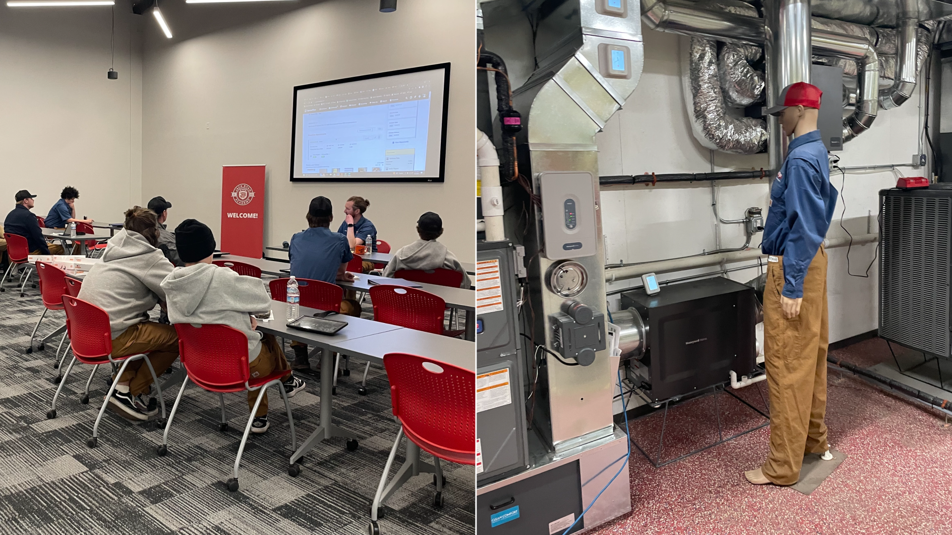 A classroom with adults sitting from behind at tables with red chairs and a mannequin at a practice heating system.