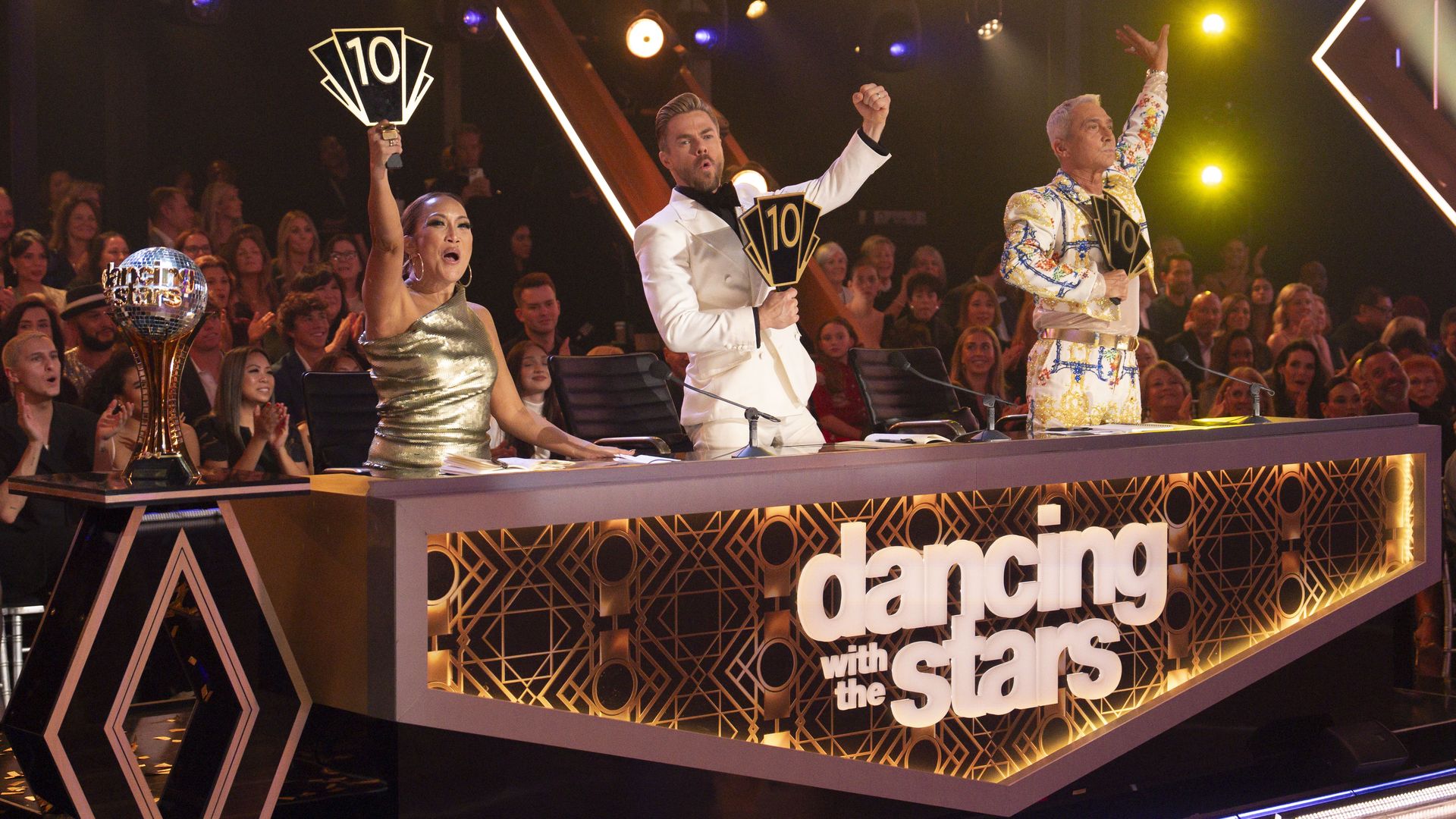 A shot of the judges from the TV show "Dancing With The Stars"